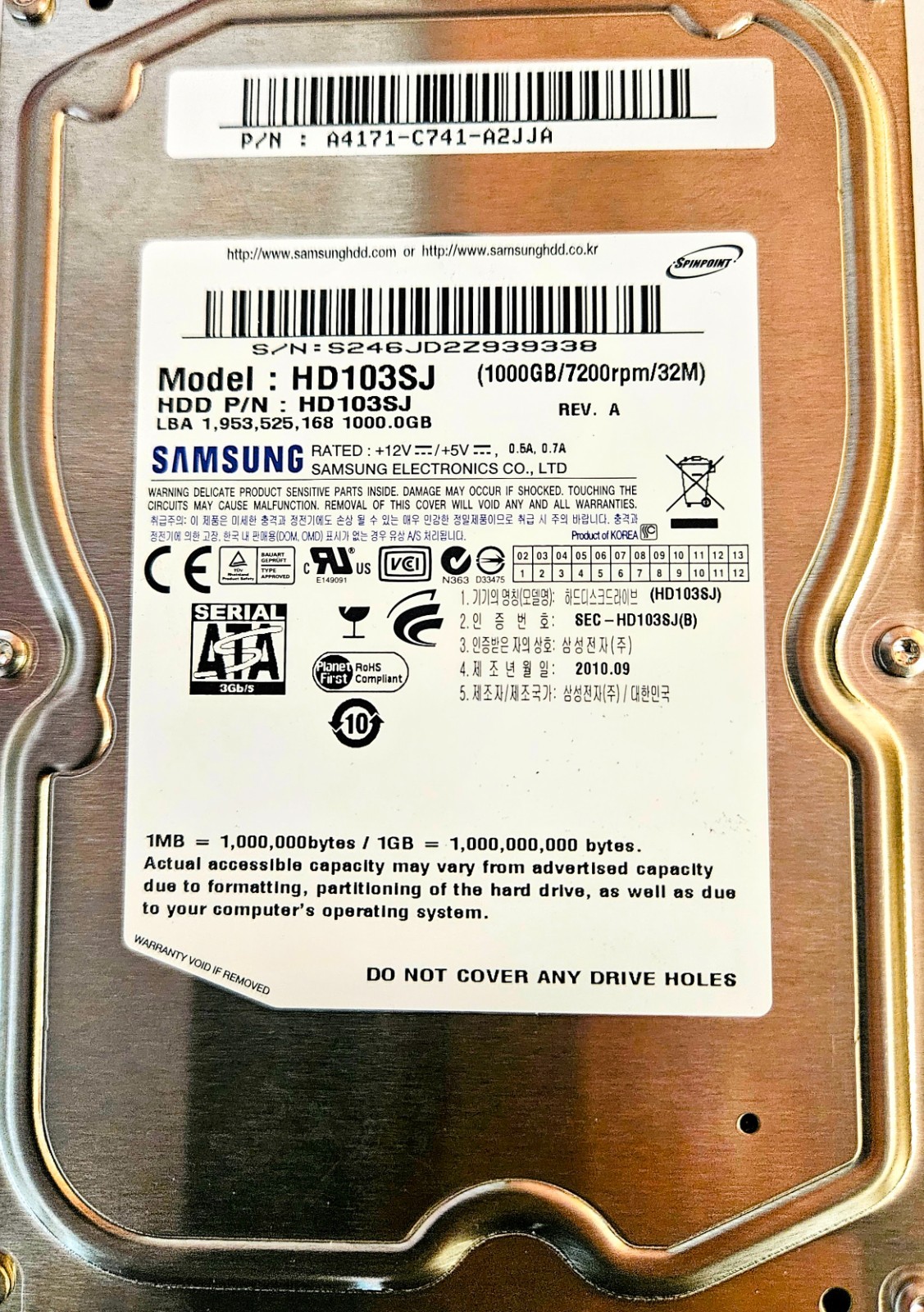 Samsung Spinpoint F3 1000GB/7200R Internal 3.5" (HD103SJ) New - Open Box