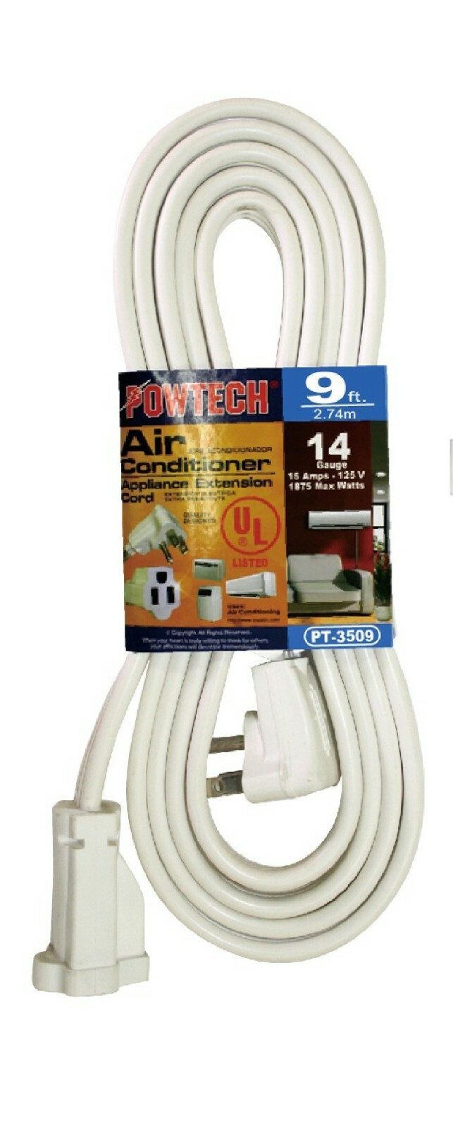 9ft Heavy Duty Appliance AC Power Electric Extension Cord 14 Gauge 15A UL White