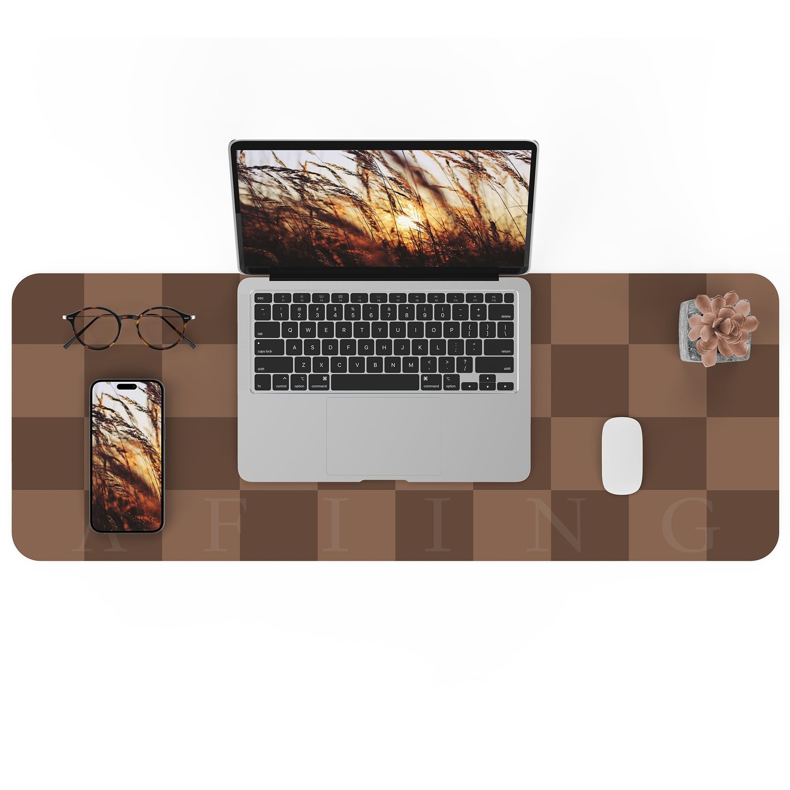 1 PCS Brown 31.5x12 Inch PU Leather Checkered NonSlip Mouse Desk Pad Mat