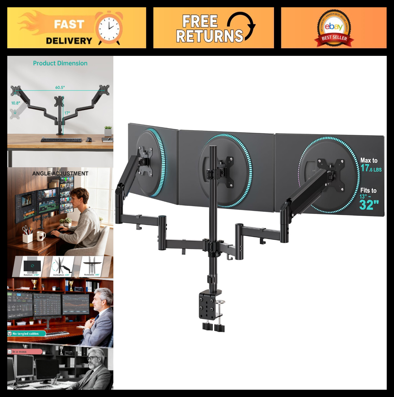 Triple Monitor Mount for 13-32" Screens, Adjustable Desk Stand, VESA Compatible,