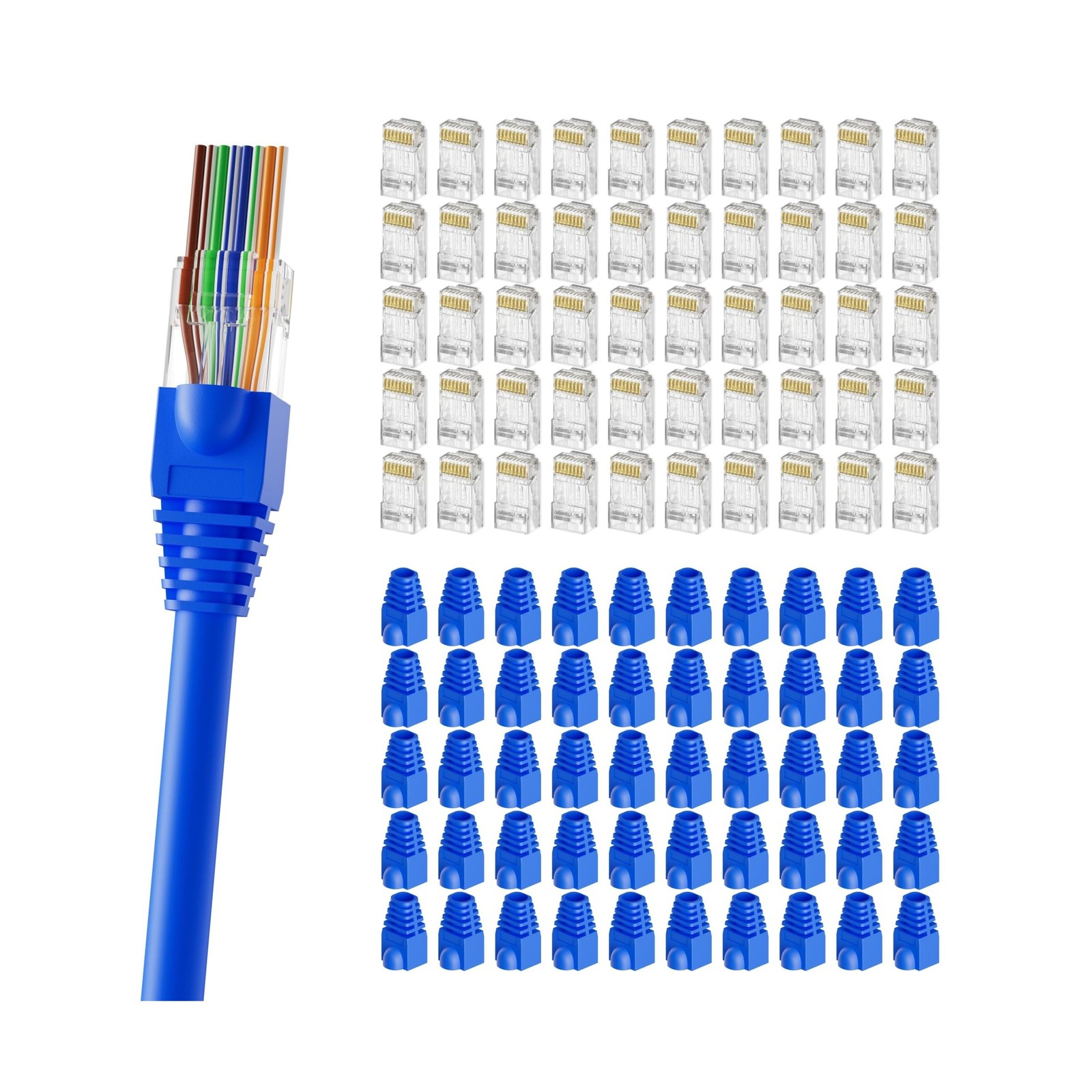 CableGeeker 100-Pack Pass-Through RJ45 Connector with Blue Strain Relief Boot...