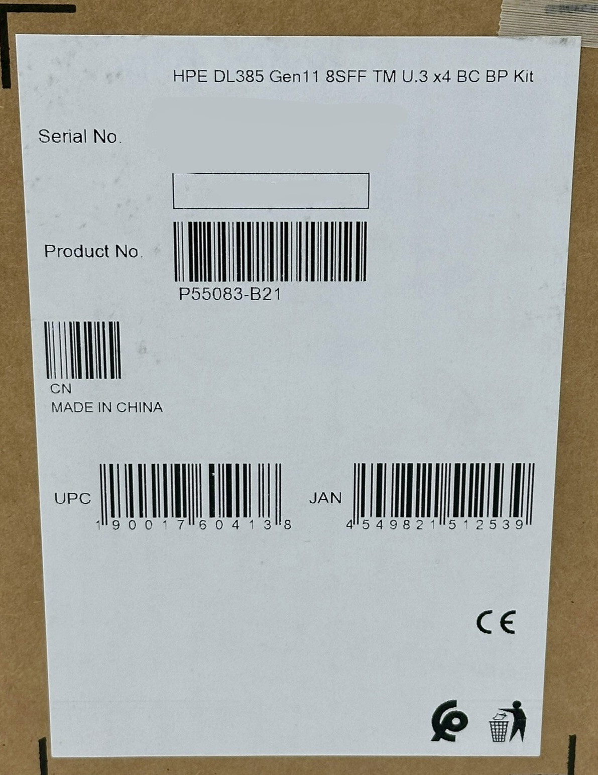 HPE P55083-B21 ProLiant DL385 DL345 Gen11 8SFF Tri-Mode U.3 x4 BC Backplane Kit