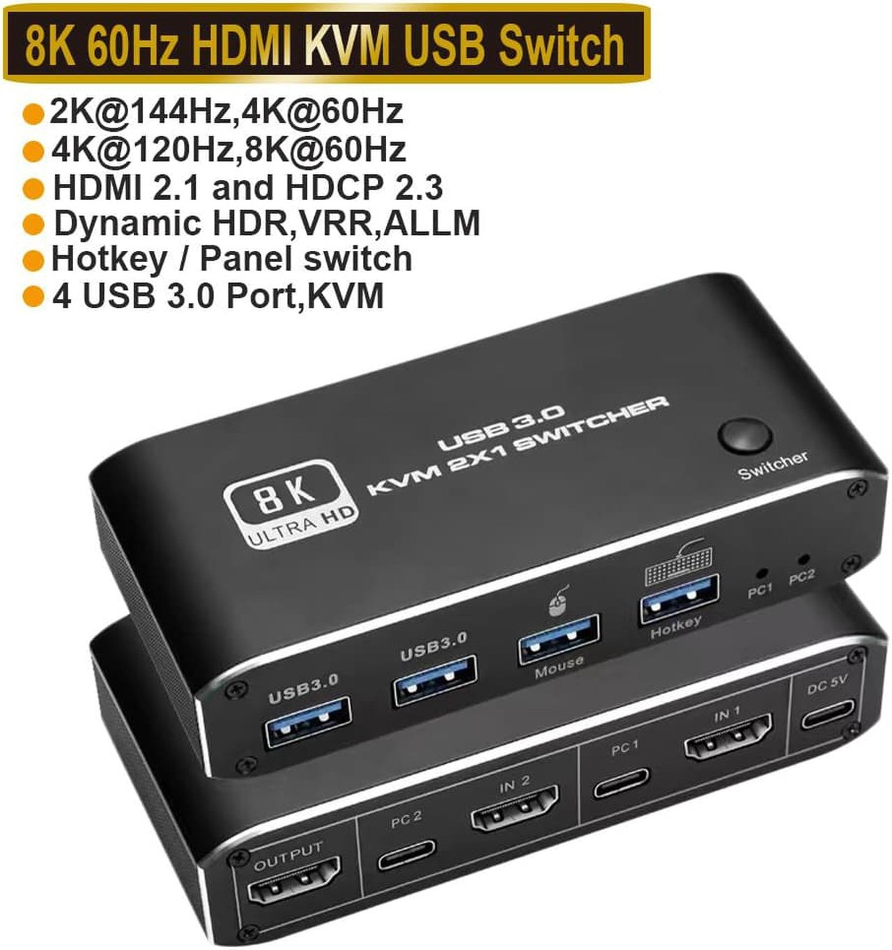8K HDMI KVM Switch 2 in 1 Out 8K@60Hz 4K@120Hz 2 PC to 1 Monitor with 2 USB 3.0 