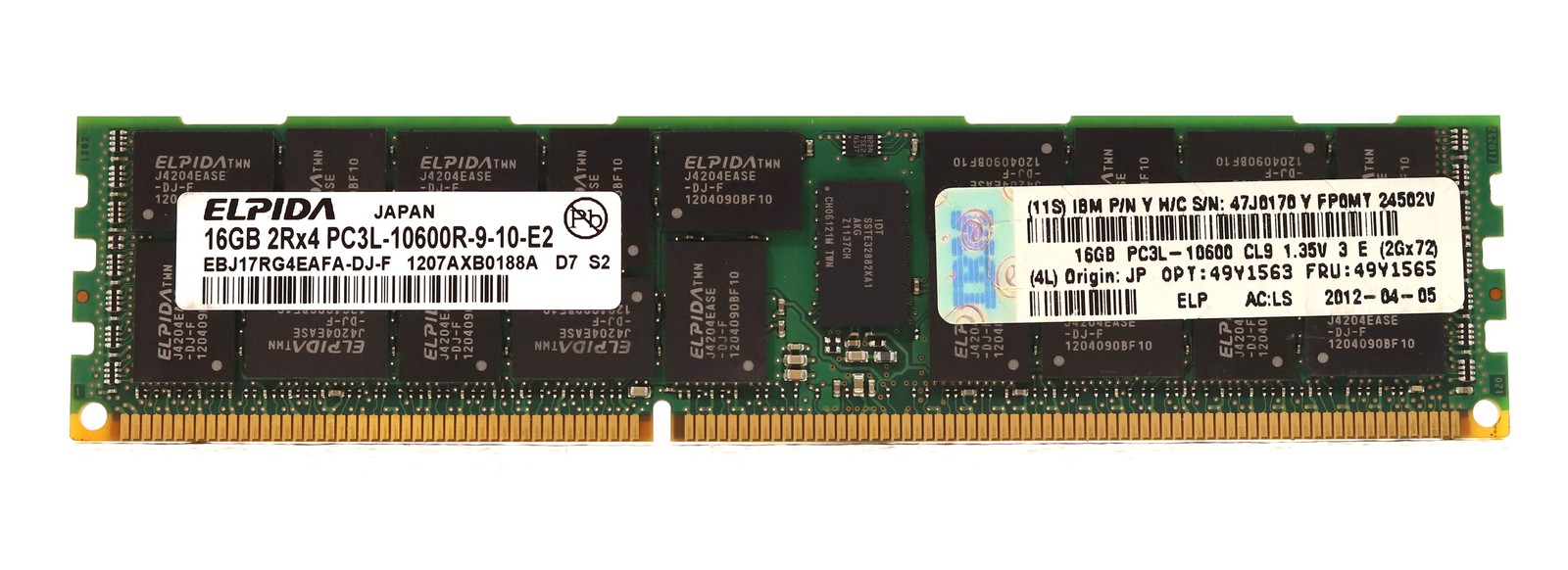 Elpida 16GB 2Rx4 PC3L-10600R-9-10-E2 ECC REG Server RAM P/N: EBJ17RG4EAFA-DJ-F