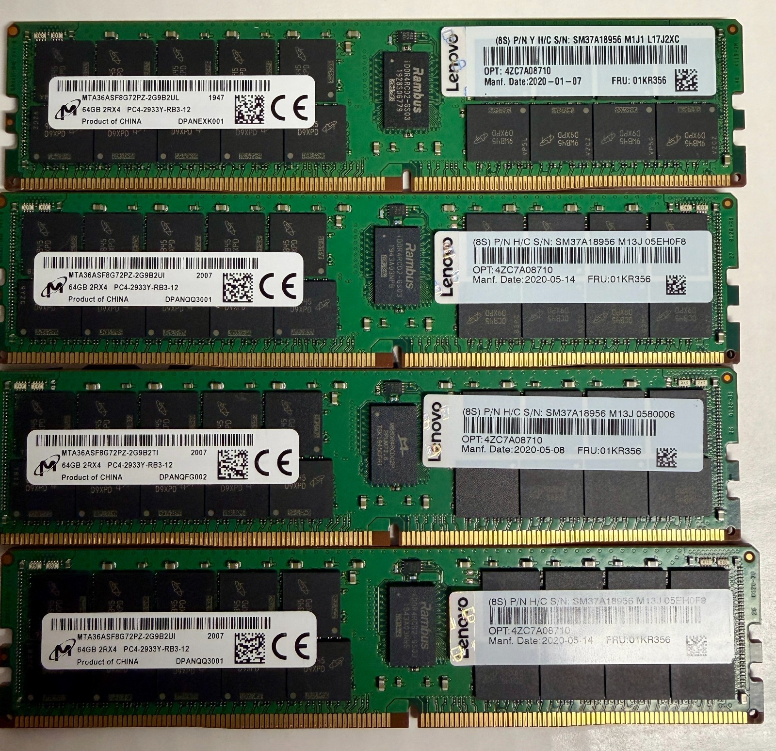 Lot of 4 Micron 64GB 2Rx4 PC4-2933Y RAM MTA36ASF8G72PZ Lenovo 01KR356