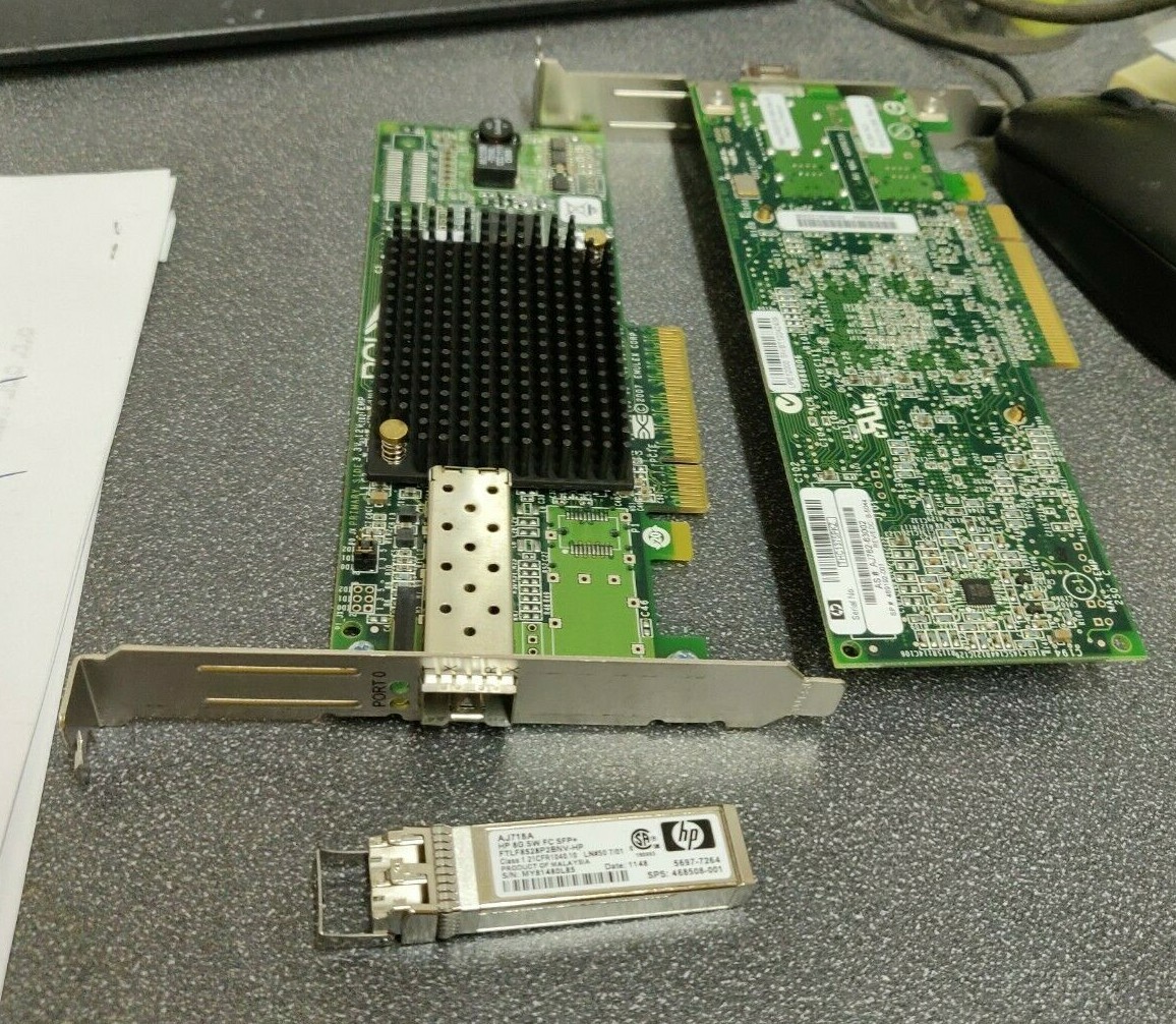 2x HP AJ762A StorageWorks 81E 8GB Single Port PCIe Fibre Channel HBA +AJ718A SFP