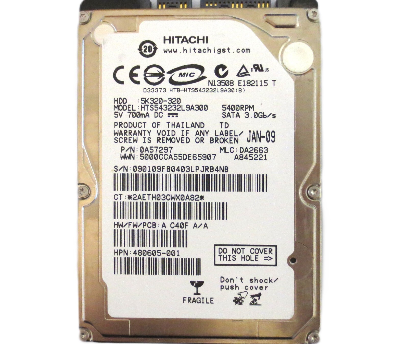 Hitachi HTS543232L9A300 0A57297 DA2663 (090) Thailand 320gb 2.5" Sata HDD 2009