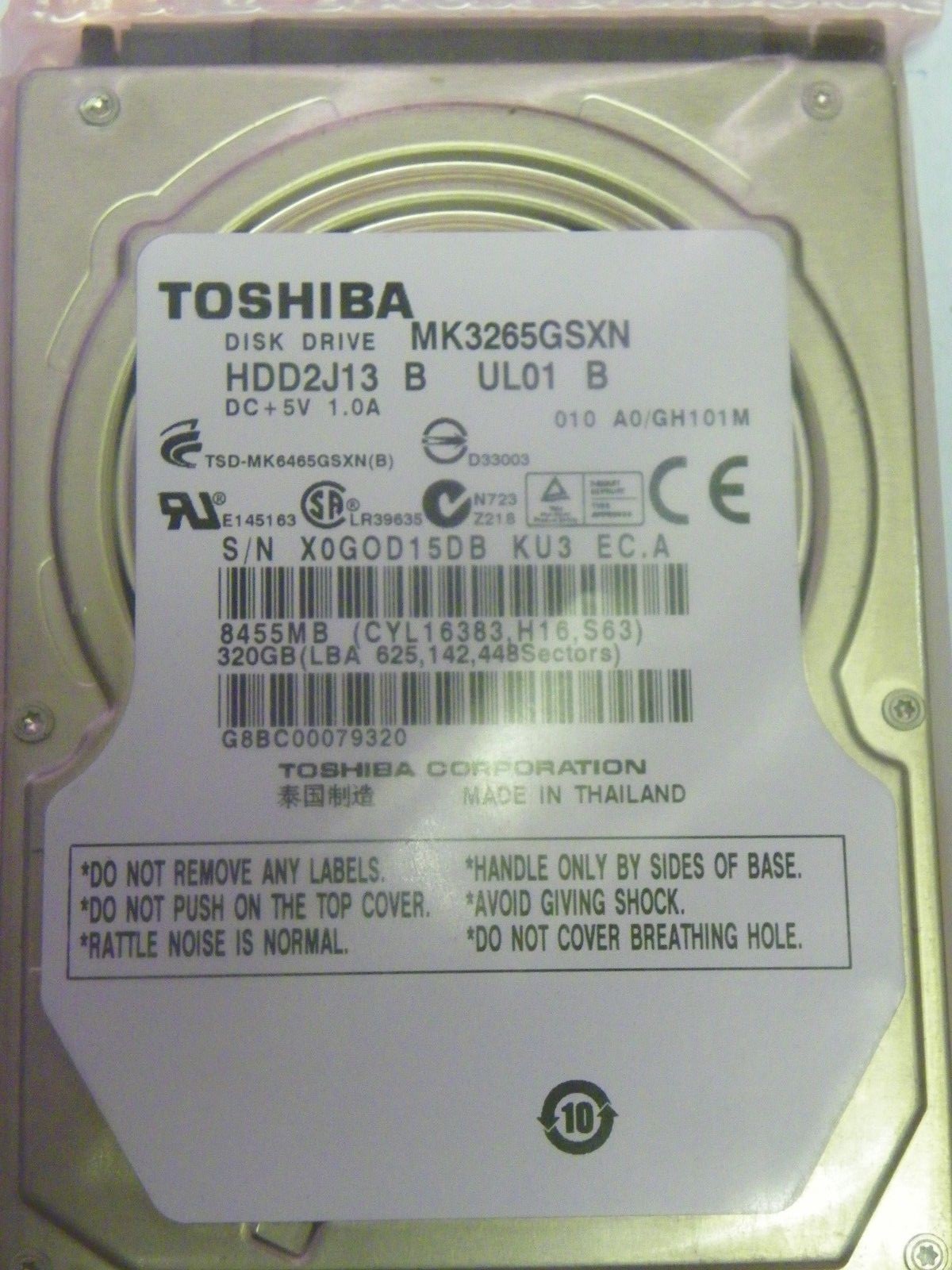 Toshiba MK3265GSXN (HDD2J13 B UL01 B) 010 A0/GH101M Laptop 320GB 2.5" SATA HDD