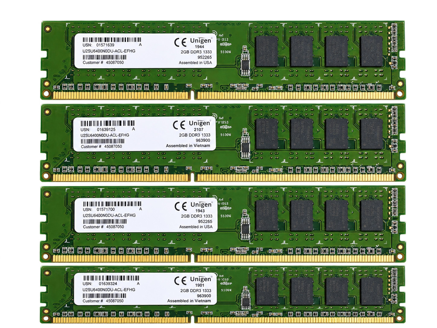 Unigen 8GB 4x2GB DDR3-1333 PC3-10600 Desktop RAM U2SU6400N0DU Tested