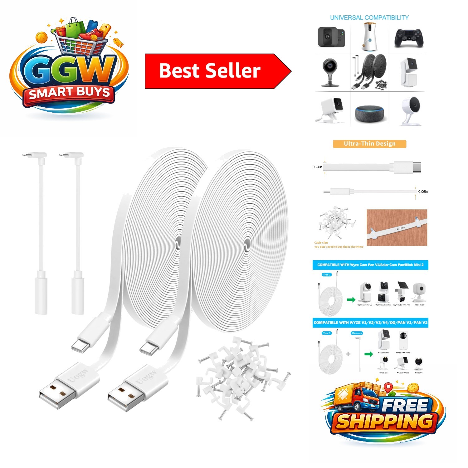 Extra Long 10FT Power Extension Cable Set for Wyze & Nest Cameras - 2 Pack