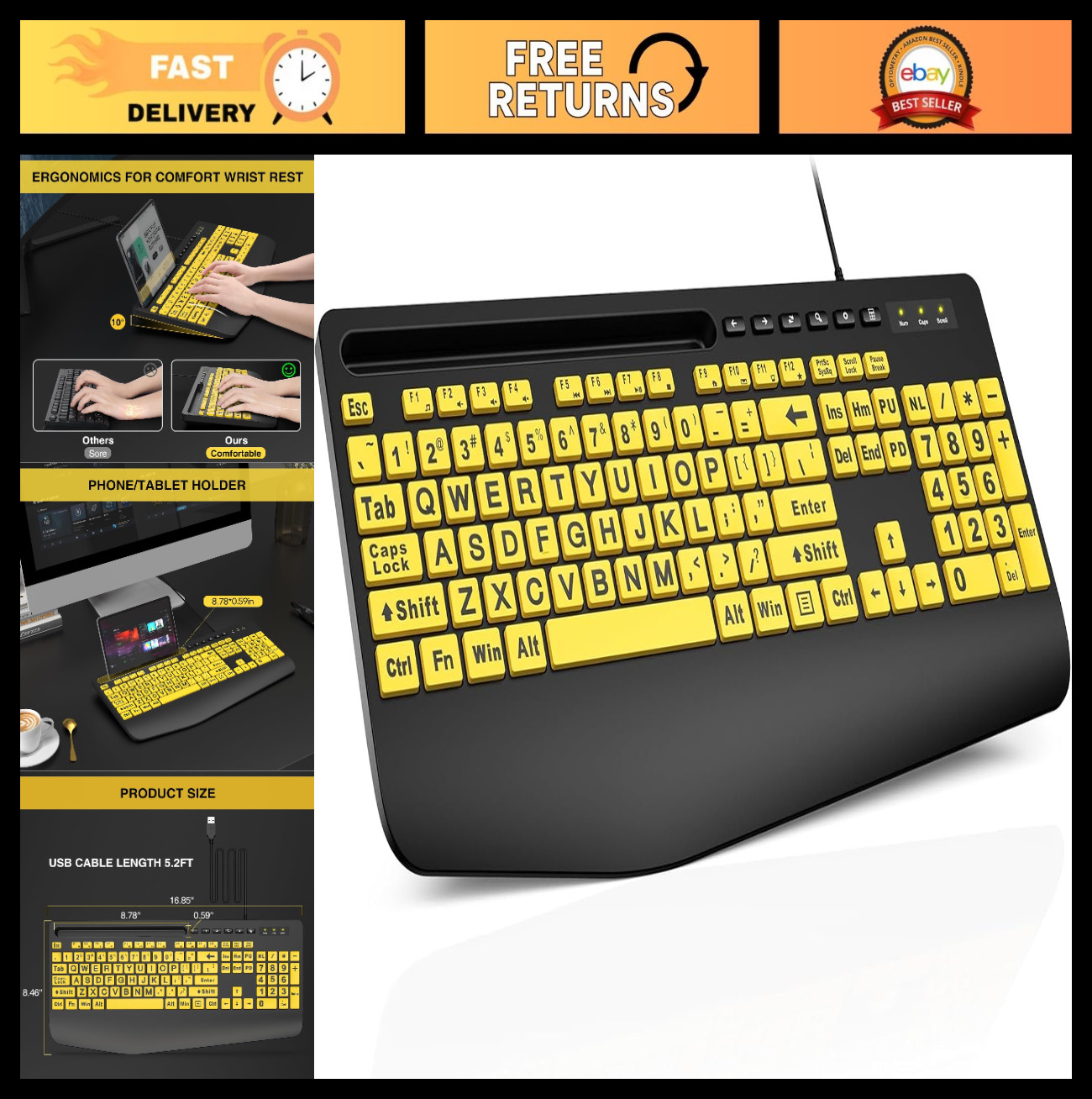 Large Print Wired Computer Keyboard with Wrist Rest - Yellow & Black Design