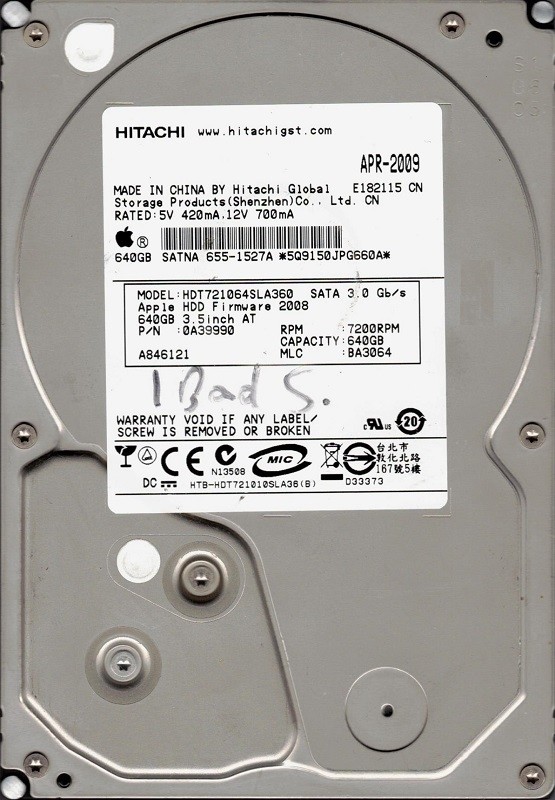 Hitachi HDT721064SLA360 P/N: 0A39990 MLC: BA3064 640GB APPLE 655-1527A