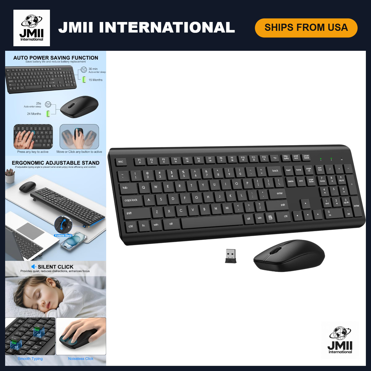 Wireless Ergonomic Keyboard & Mouse Combo - Silent, Long Battery Life, 2.4G Cord
