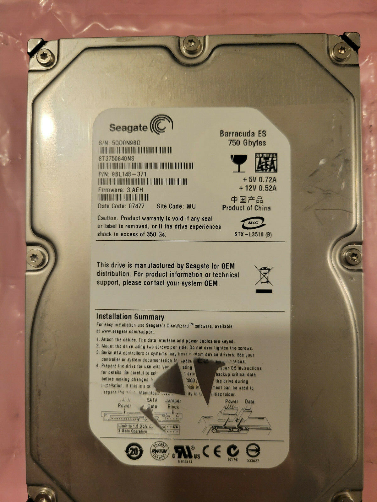 Seagate ST3750640NS 750GB PN 9BL148-371 FW 3.AEH SATA 3.5" HD DC 07477 WU 5QD