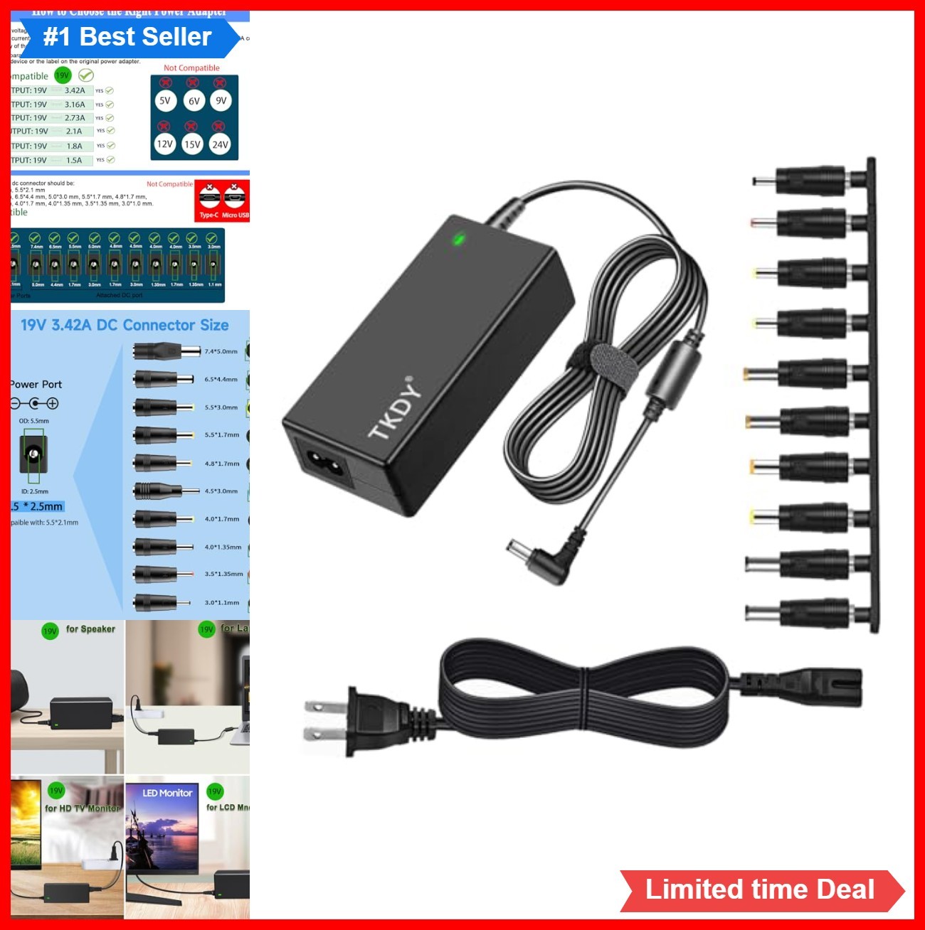 19V DC Power Supply 3.42A 65W Charger 10 Tips for Laptop LCD Monitor Speaker