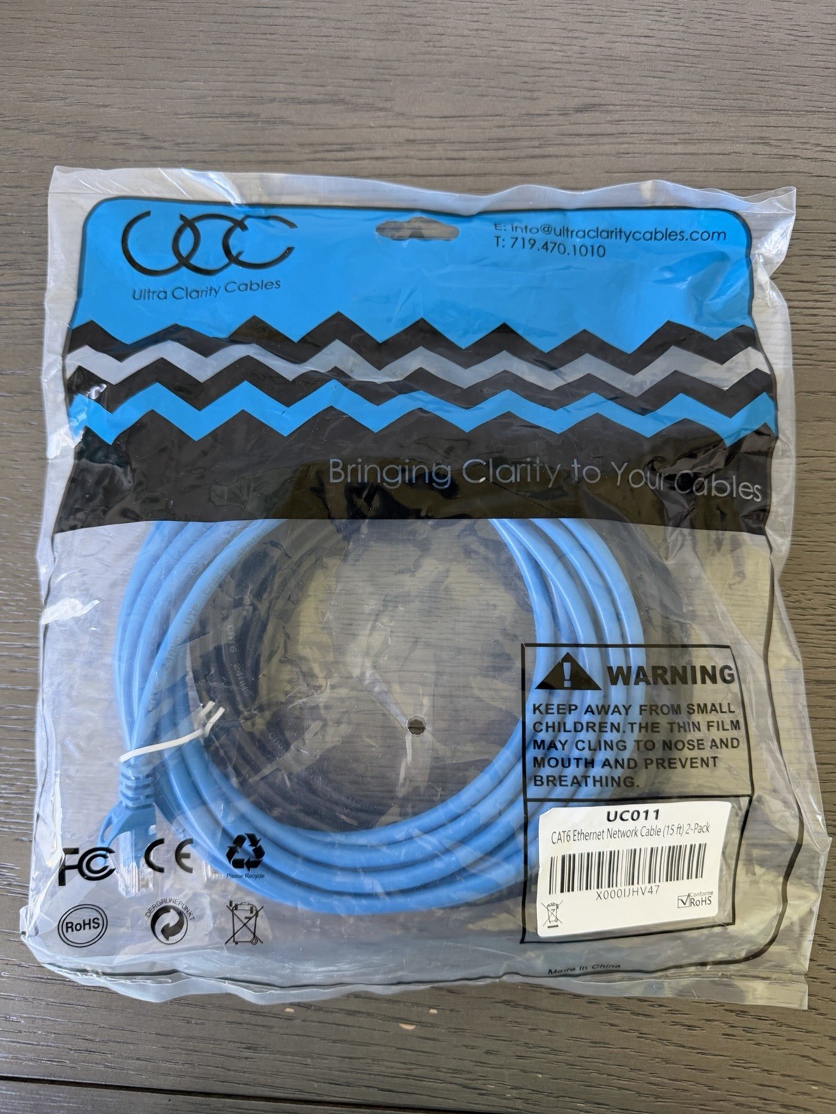 Ultra Clarity Cables model UC011 — CAT6 Ethernet Network Cable, 15 ft, 2-Pack.