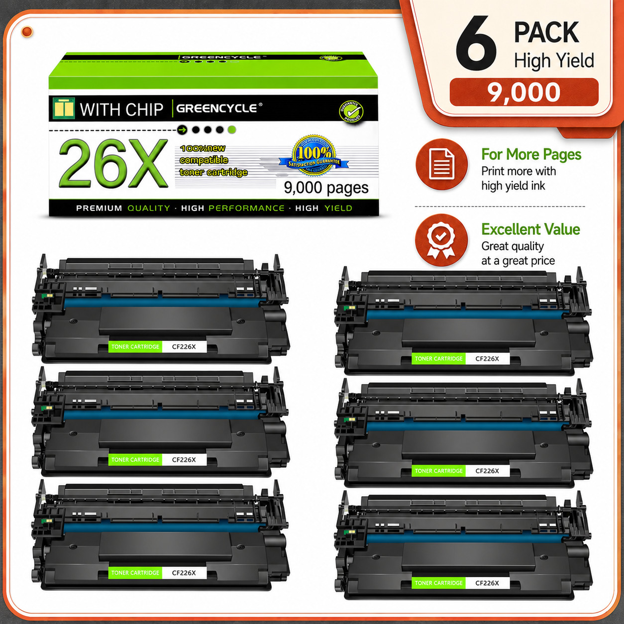 6× fit for HP Laserjet Pro M402n MFP High Yield CF226X 26X Black Toner Cartridge