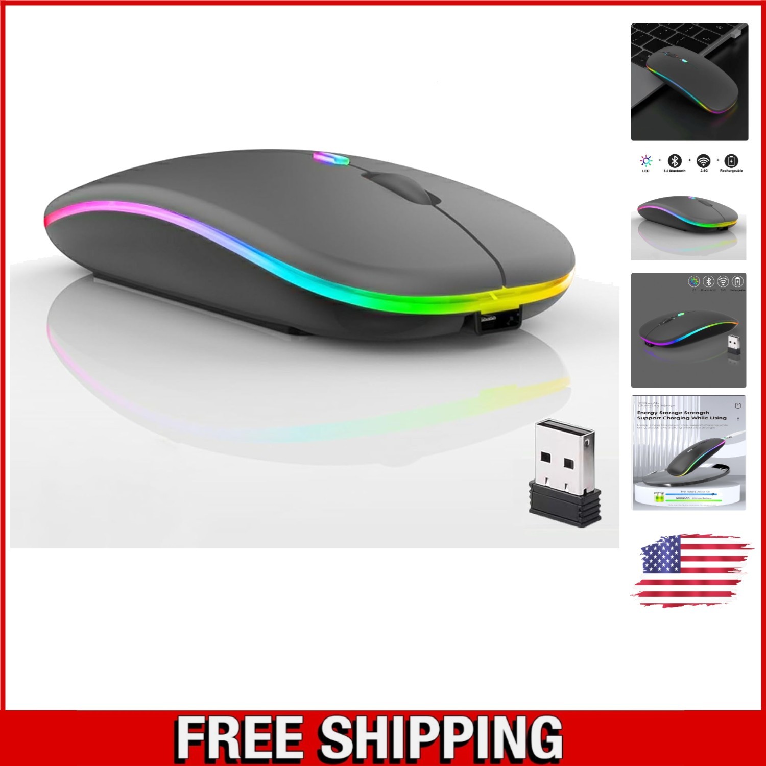 Slim Wireless Mouse with 7-Color RGB Lighting - Ideal for Laptops & Tablets