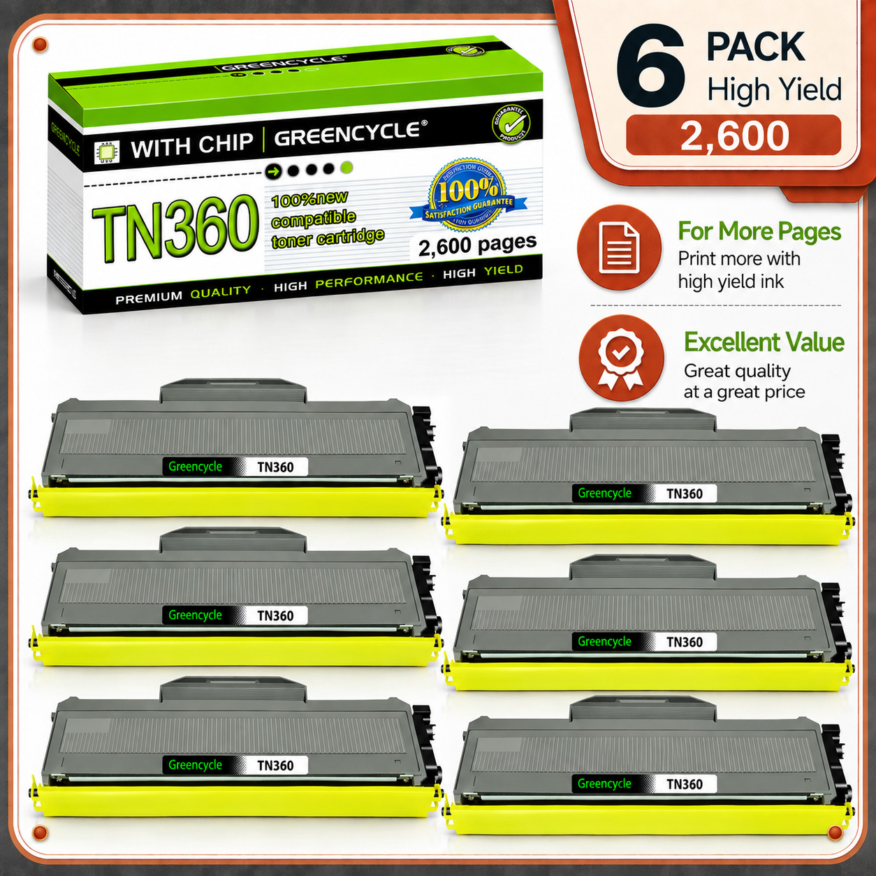 6PK TN360 TN330 Toner Cartridge fits Brother DCP-7030 MFC-7440N MFC-7840W L-2150