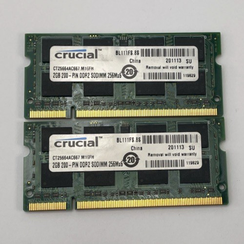 Lot of 2 x Crucial, 2gb 200 pin DDR2 SODIMM, 256Mx64 RAM
