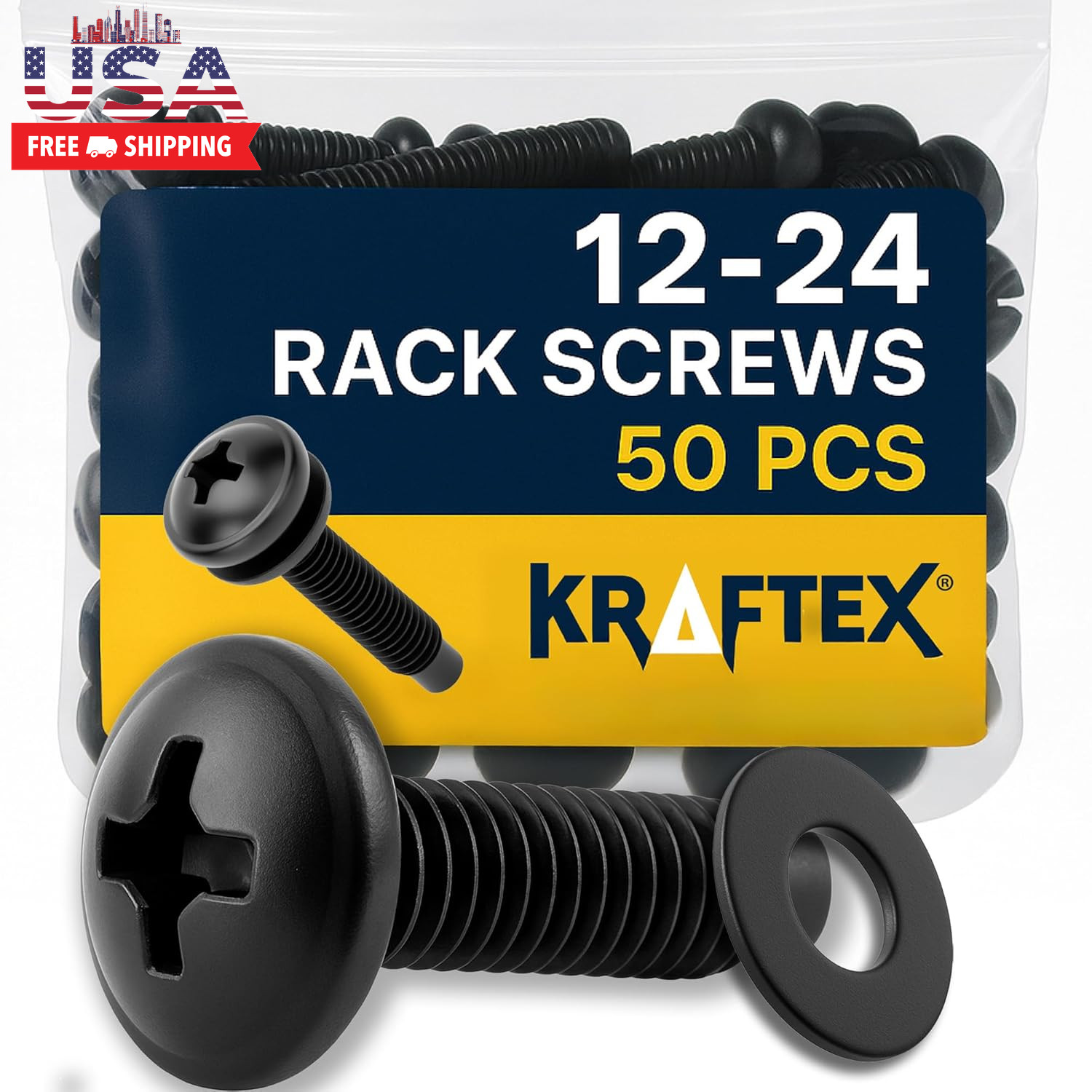 12-24 Rack Screws [50Pk] – Rack Mount Screws with Nylon Washers for Server, Netw