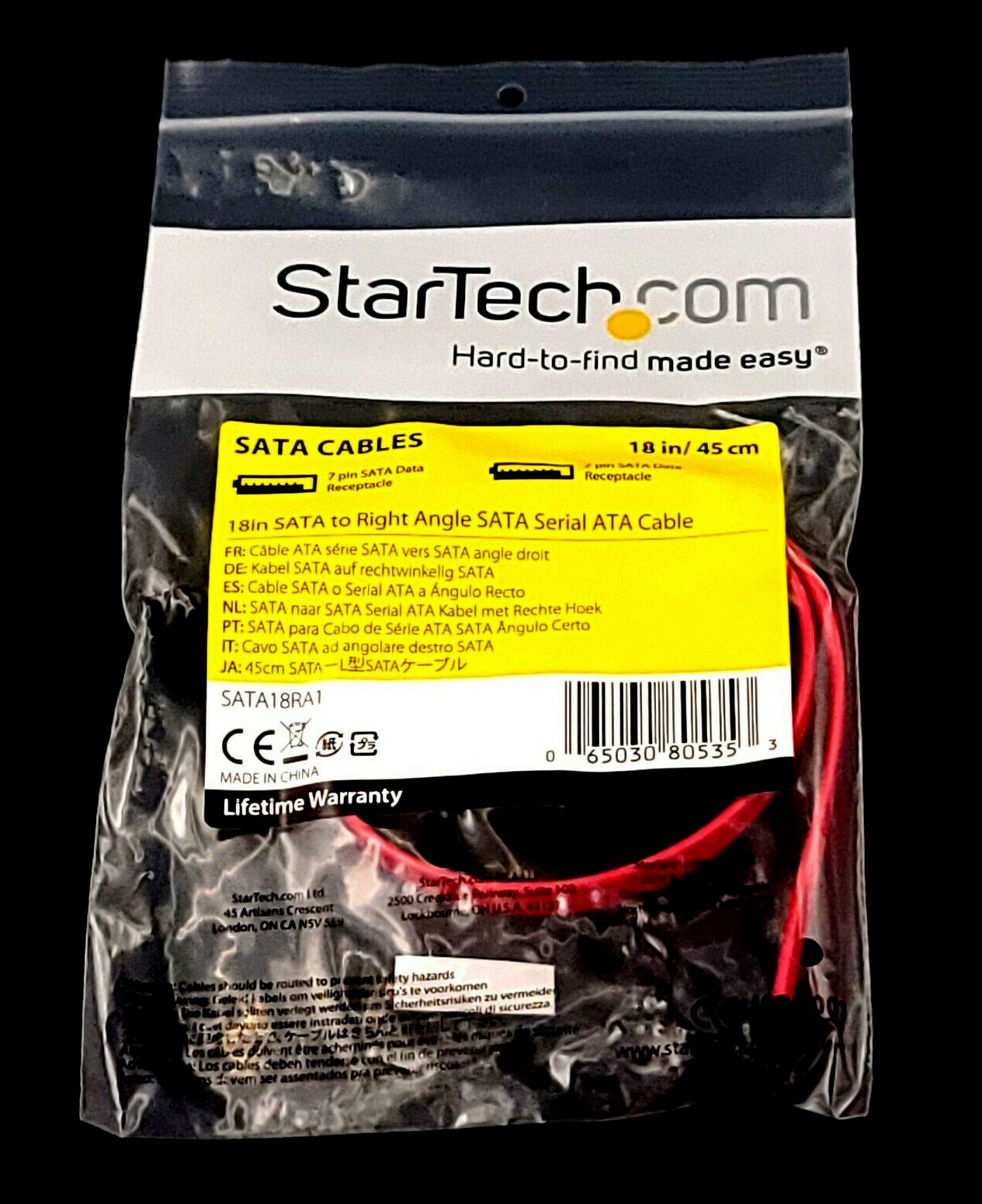 StarTech 18in SATA to Right Angle SATA Serial ATA Cable SATA18RA1