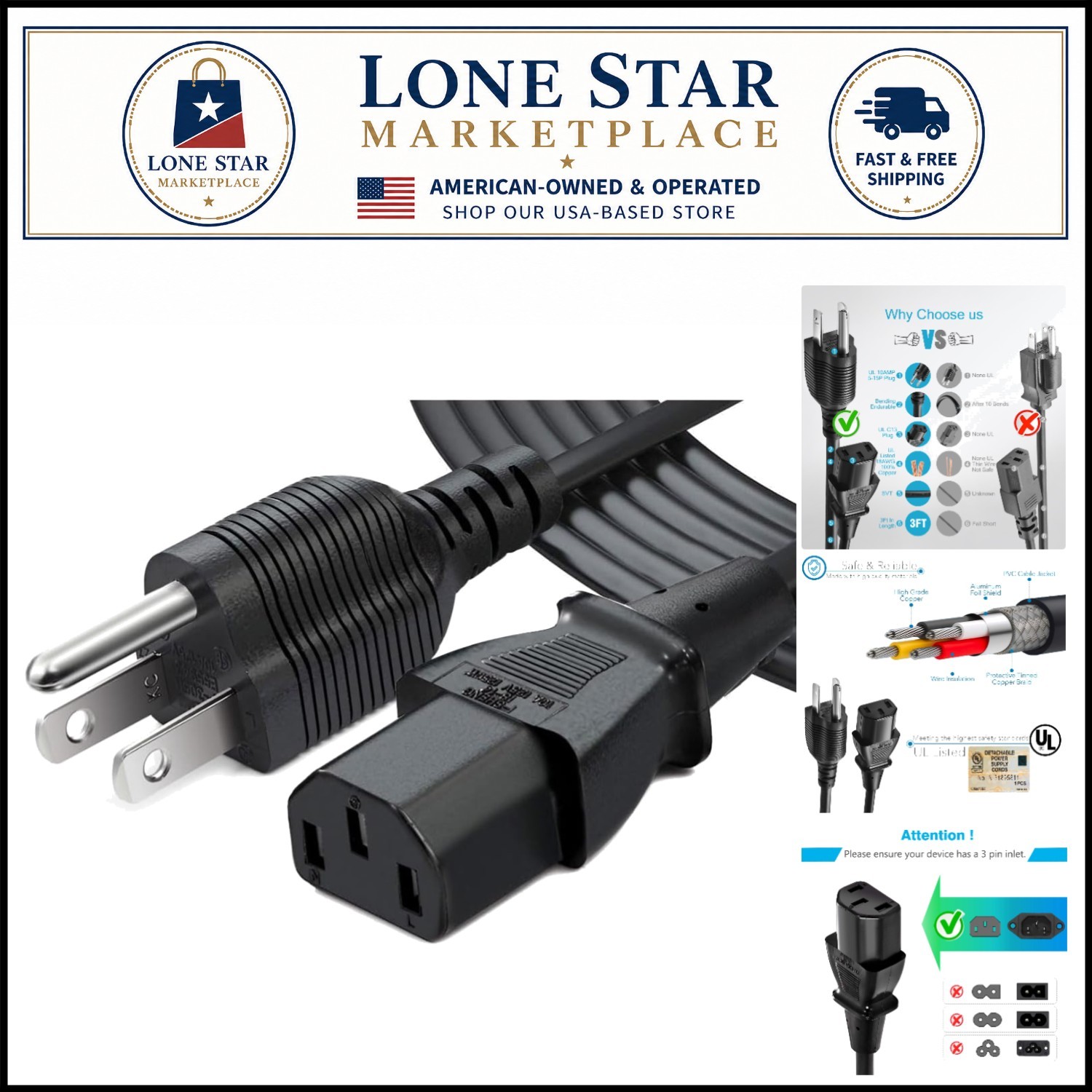 Reliable 10ft AC Power Cord with NEMA 5-15P - Perfect for Everyday Use
