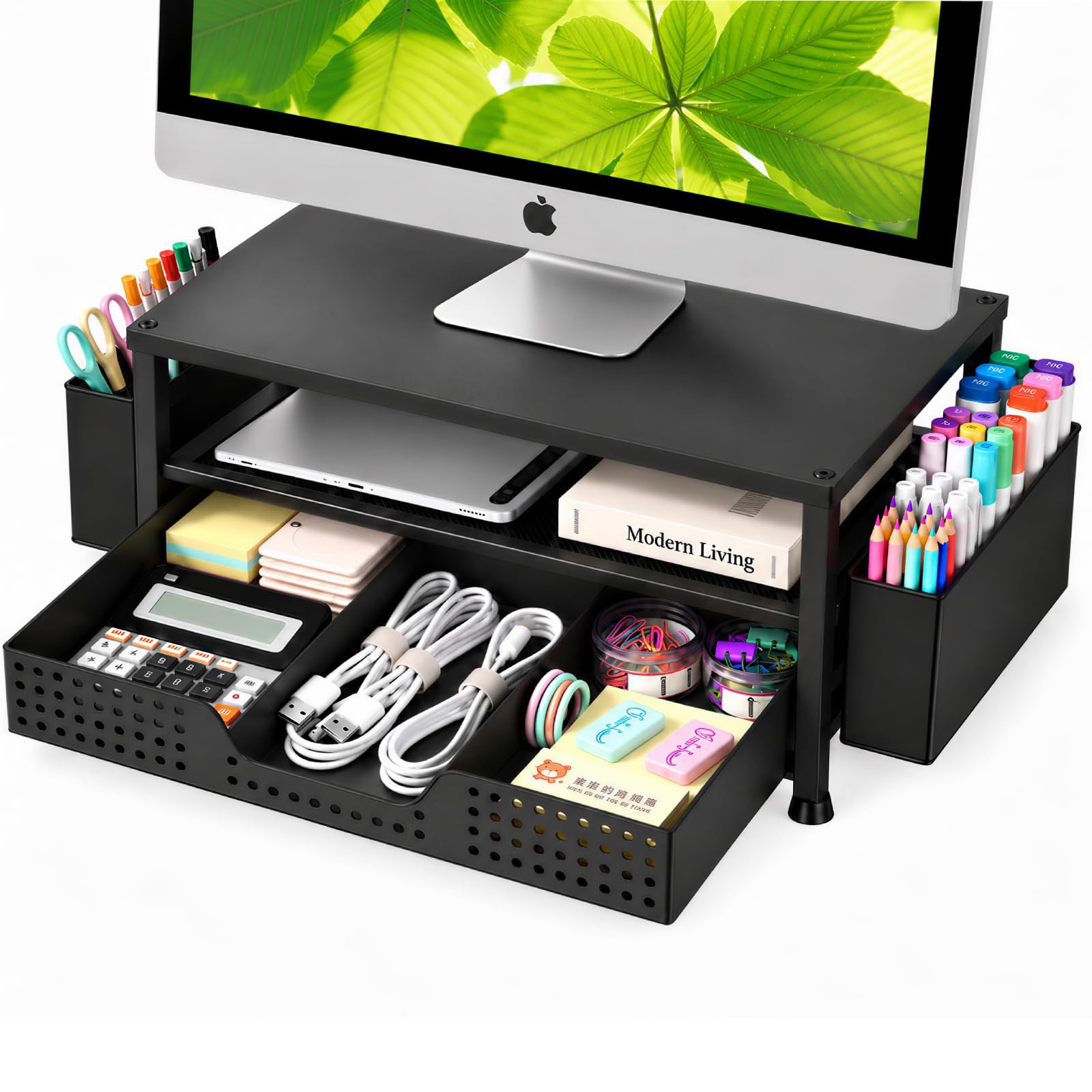Desk Organizer and , 2-Tier Computer Monitor Stand Rise with Storage Drawer &...