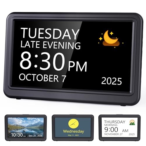  Date Clock, Digital Clock with 12 Themes, 20 Alarms, 20 Reminders, Semi Black