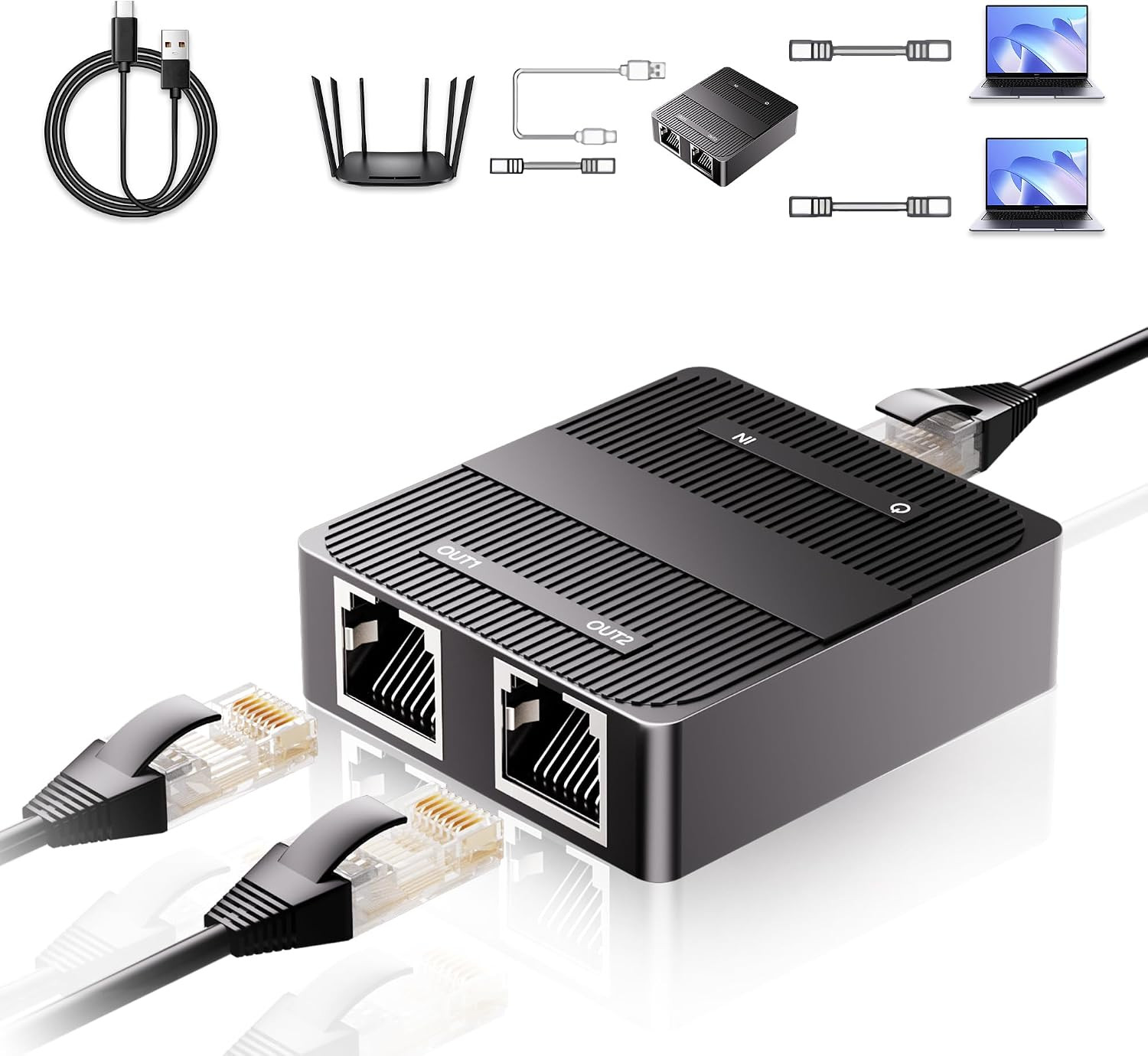 1 to 2 Gigabit Ethernet Splitter, 3-Port 1000Mbps Network Switch with Type-C