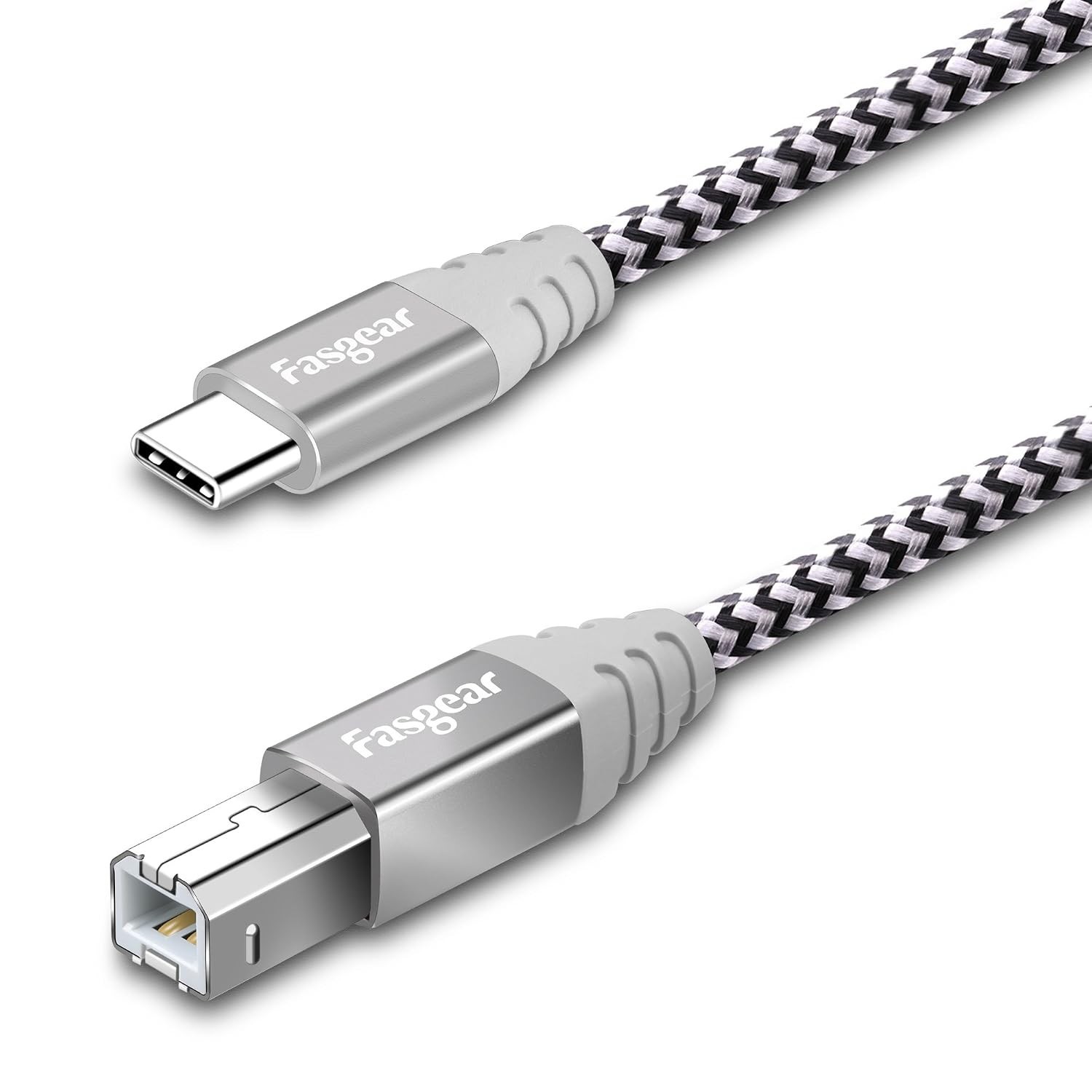Fasgear USB C to USB B Cable, 6ft, Gray Nylon Braided, Printer Scanner Cord, Met