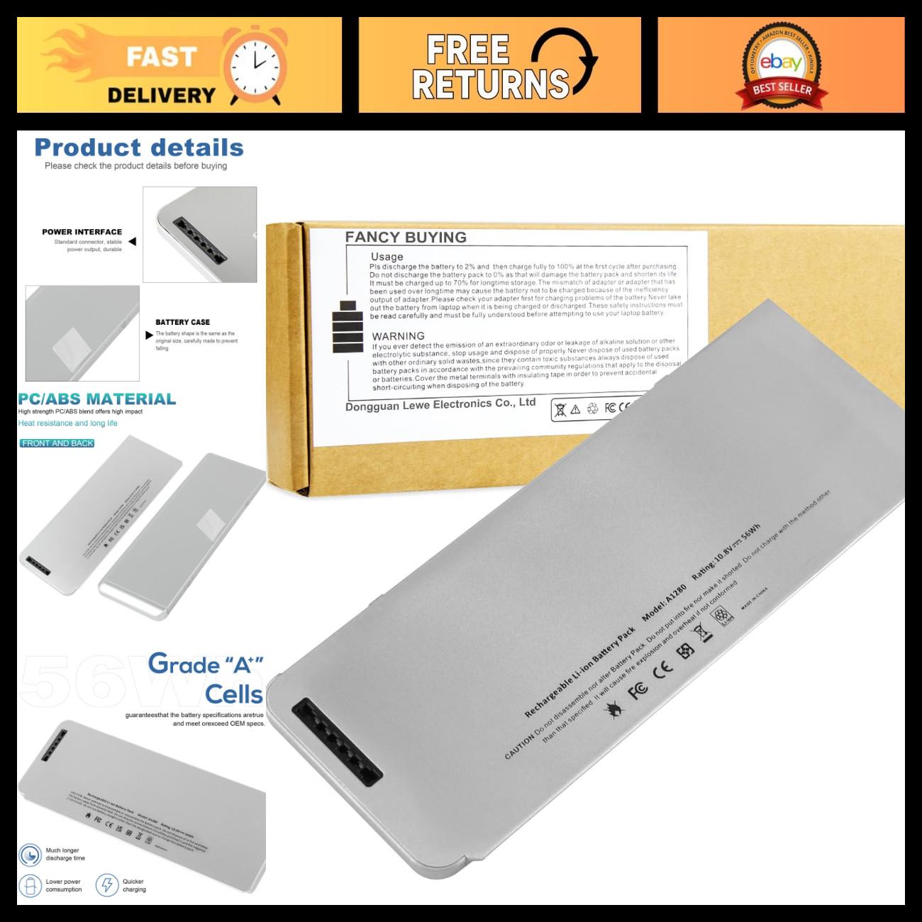 56Wh A1280 Laptop Battery for MacBook 13" A1280 A1278 - Compatible Replacement
