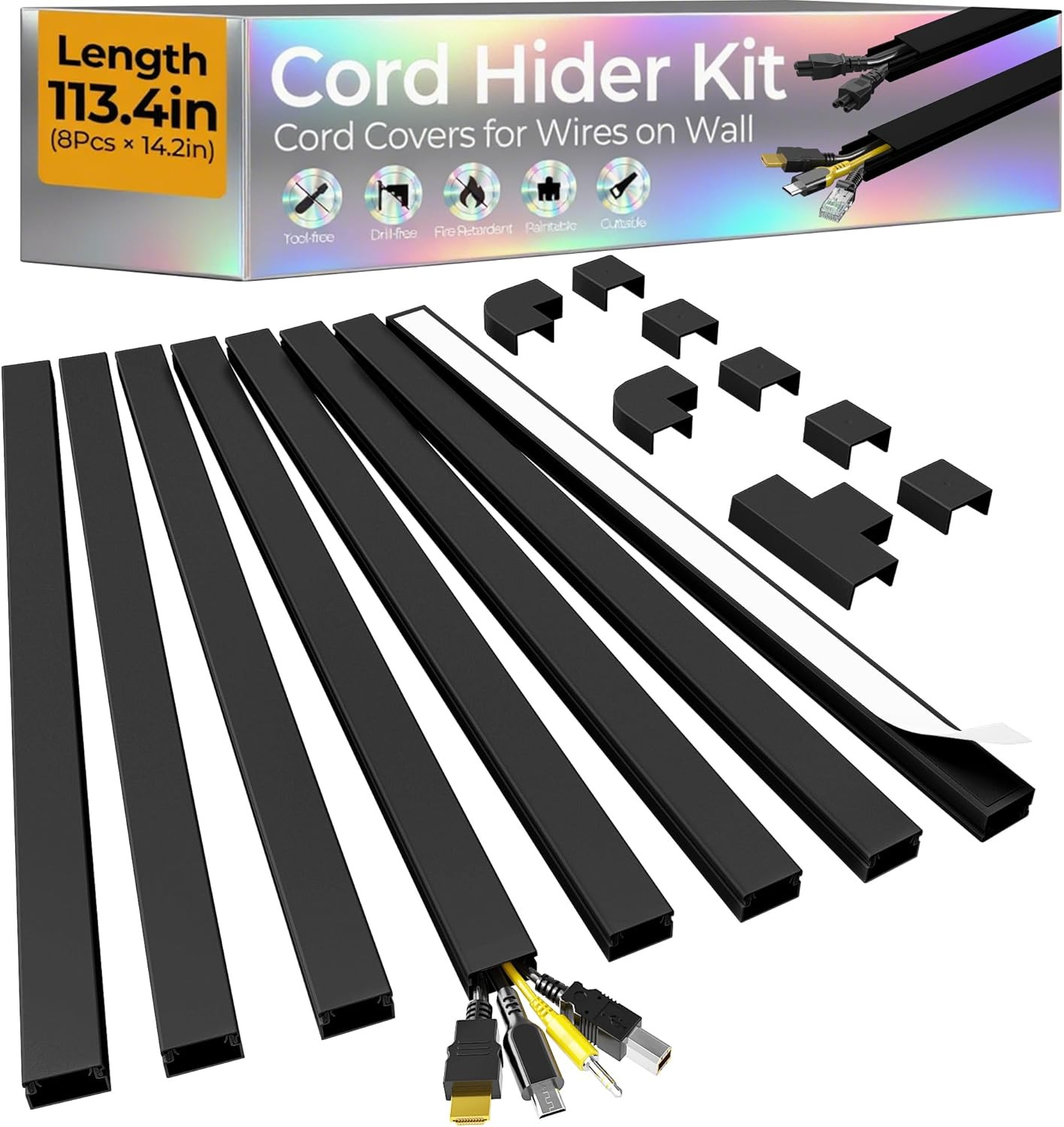 113.4in Cord Hider Kit, Cord Covers for 2-4 Wires on Wall, Self-Adhesive Cable H