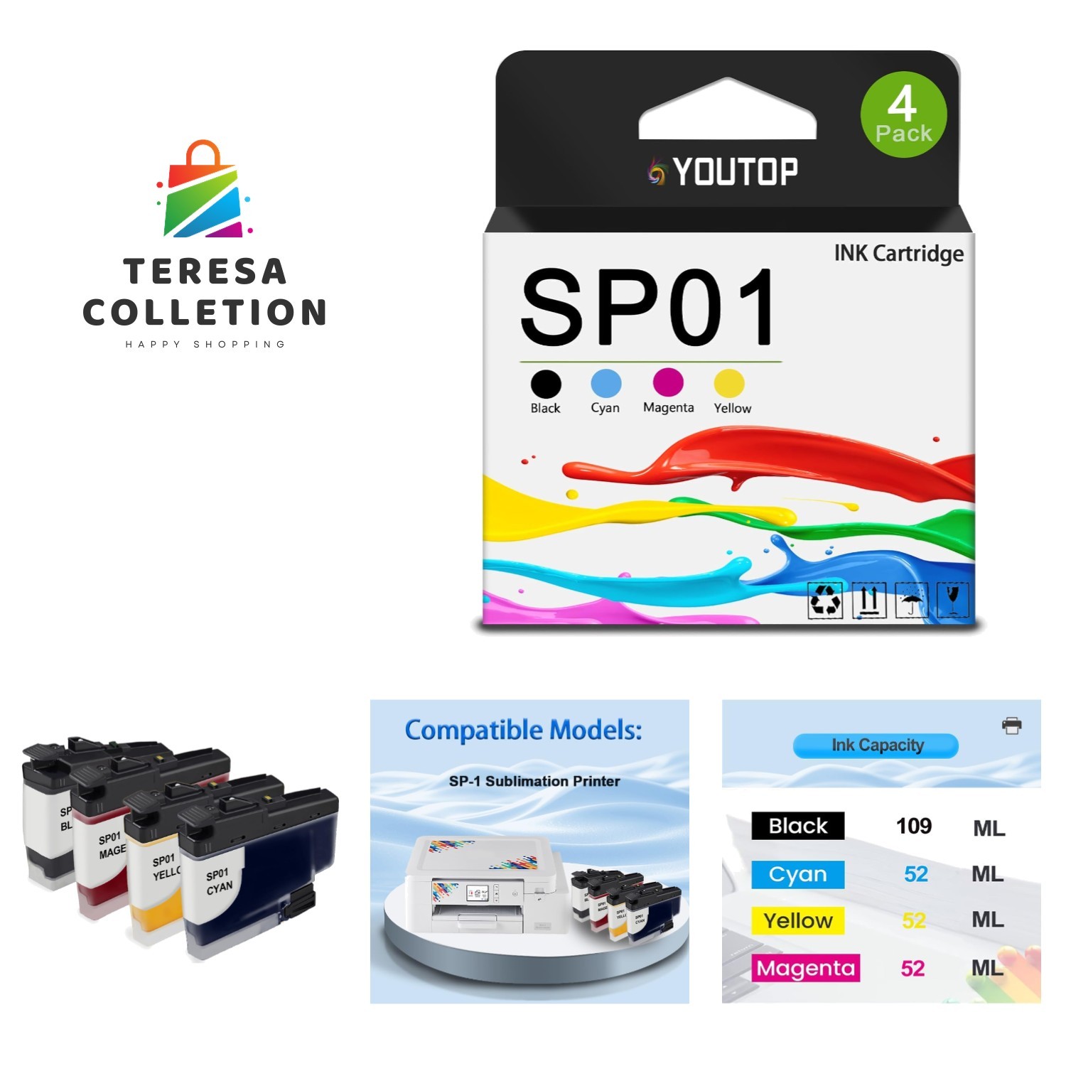 Easy Install 4-Pack SP01 Sublimation Ink Cartridges for Black & Color Printing