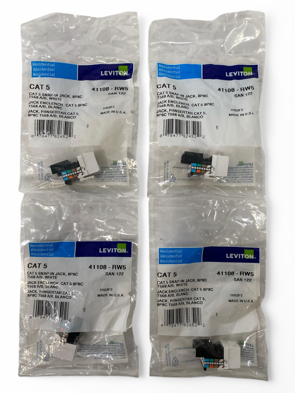 Leviton 41108-RW5 Cat 5 Snap-In Quickport Jack 8P8C T568A/B - White **Lot of 4**