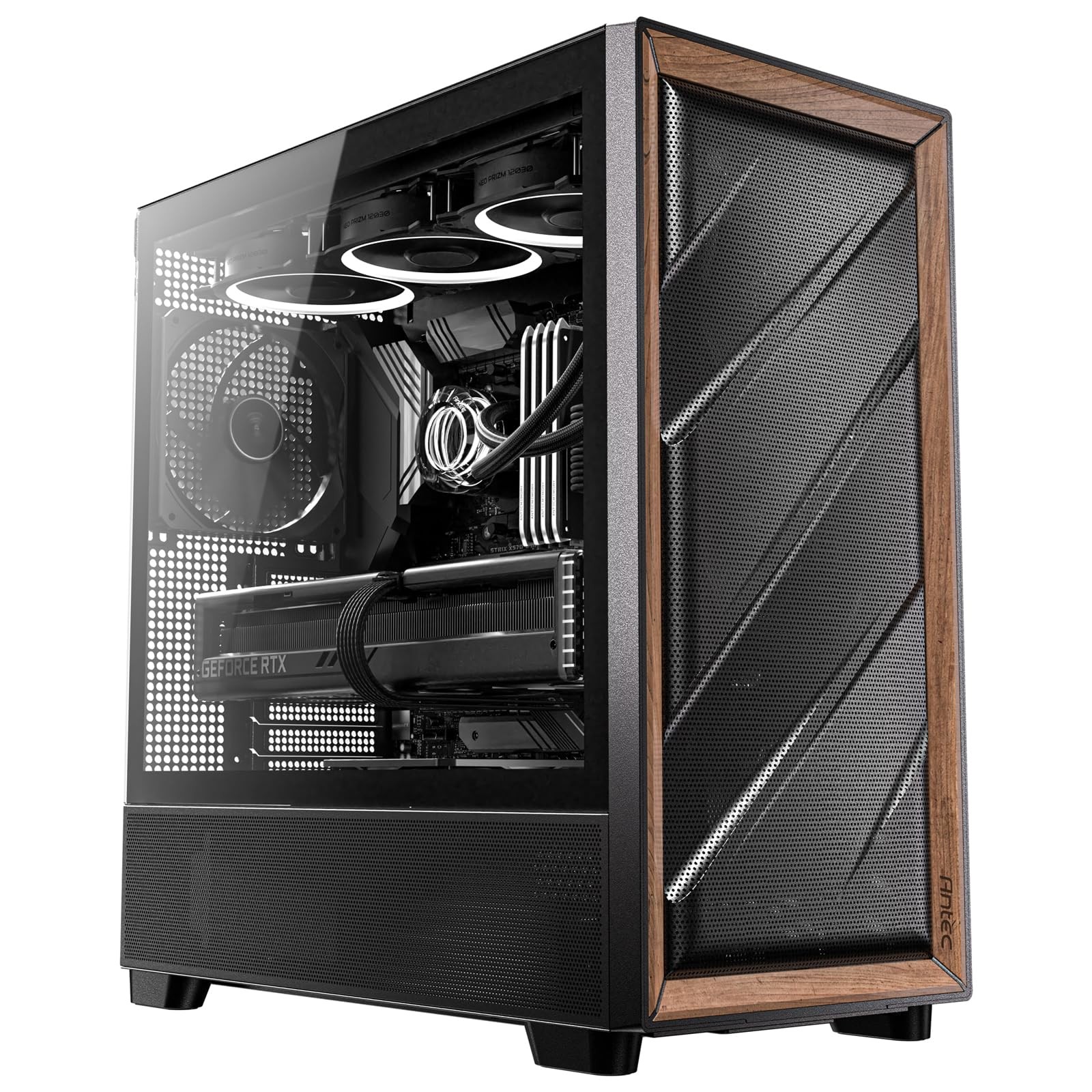 Flux Wood, 5 x PWM Fans Included, High-Airflow Front Panel with Walnut Wood, Typ