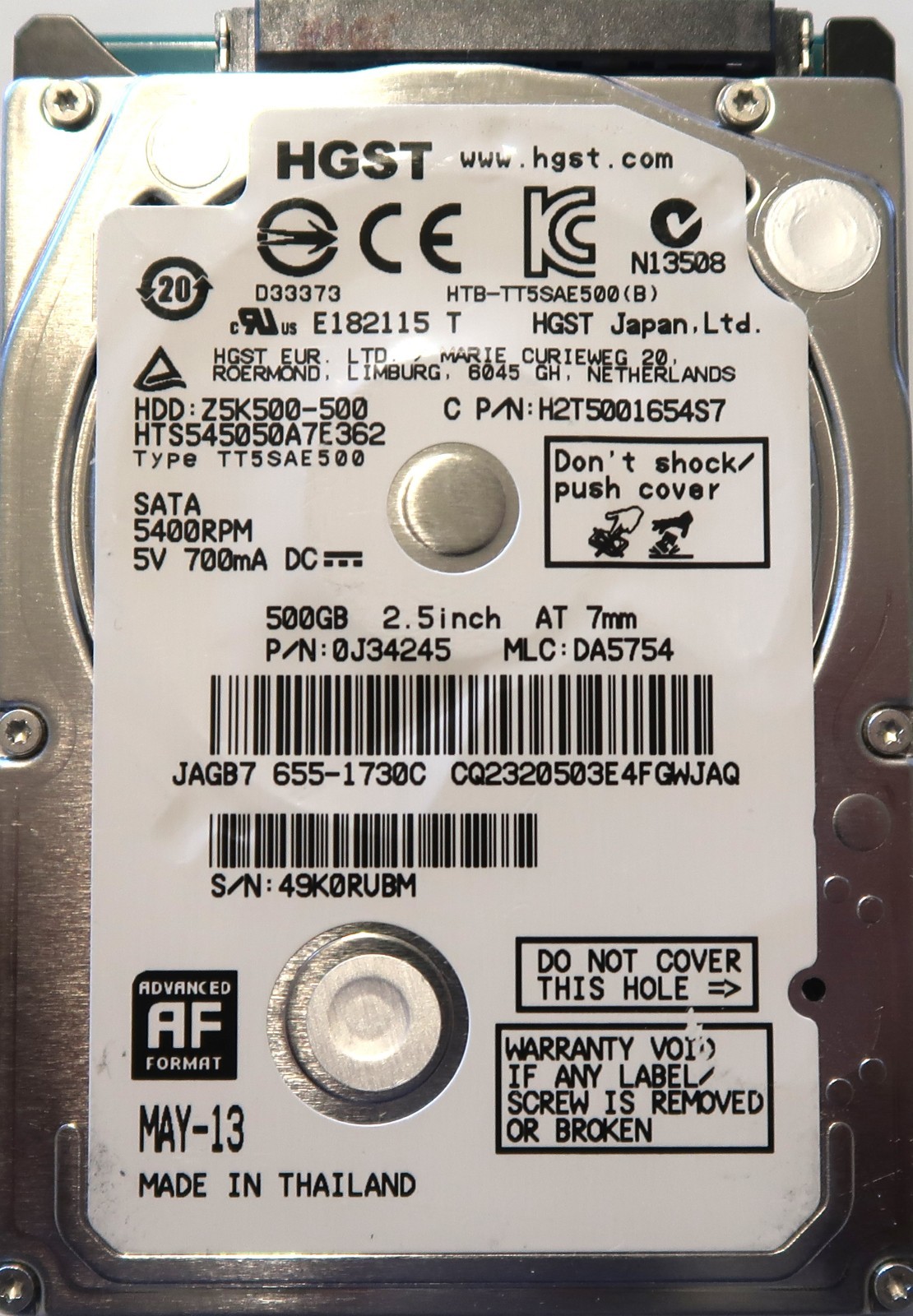Hitachi HTS545050A7E362 3Gb/s 16MB 5400rpm Z5K500-500 655-1730C 500gb 2.5" Sata