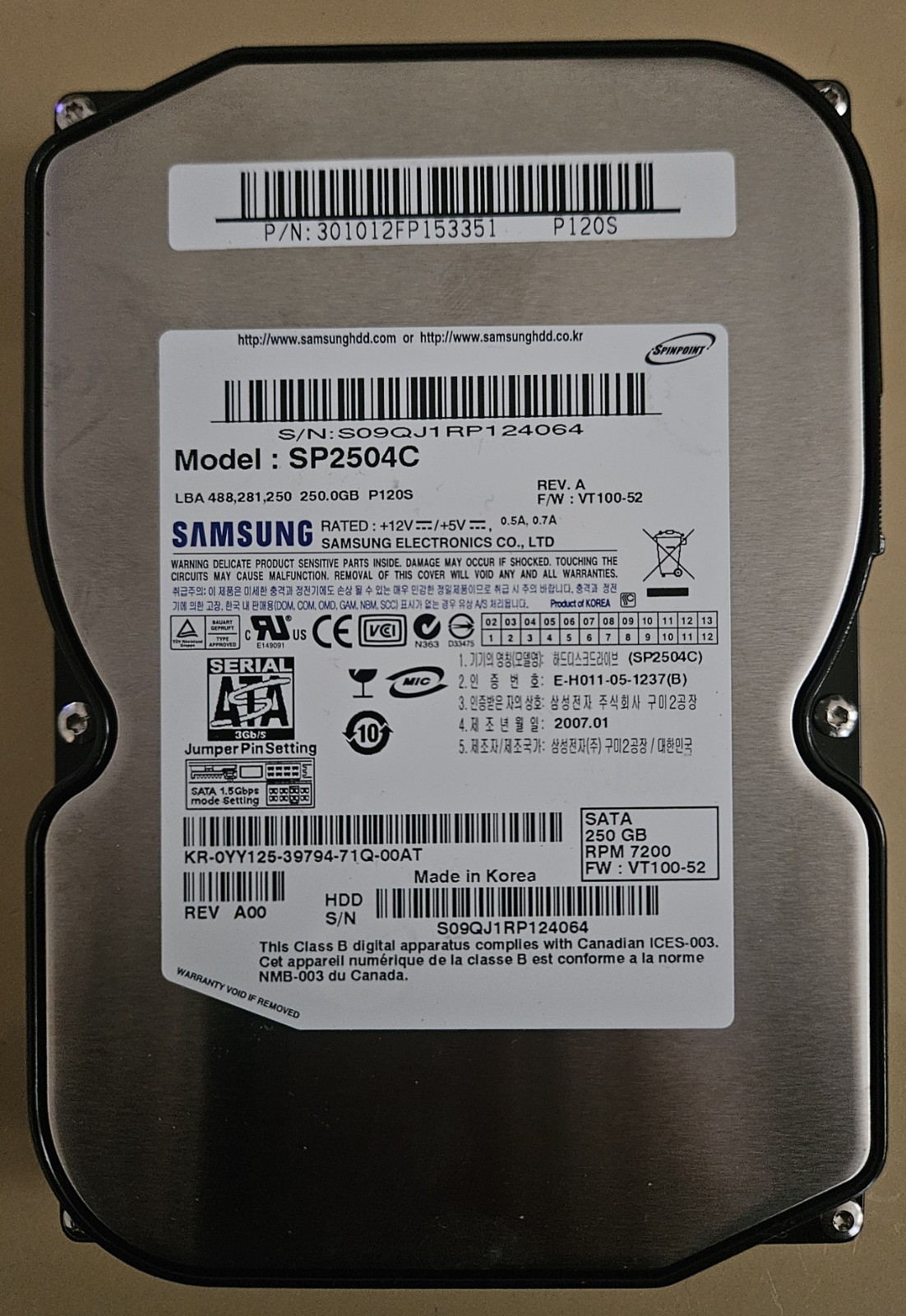 Samsung Hard Drive Spinpoint P120S 250GB,Internal,3.5" SP2504C HDD