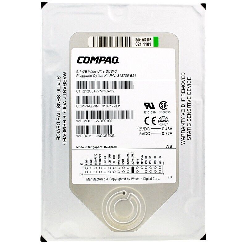 Hard Drive Compaq WDE9100 SCSI-3 80pin 9.1GB 7200Rpm 3.5" Inch 313717-001