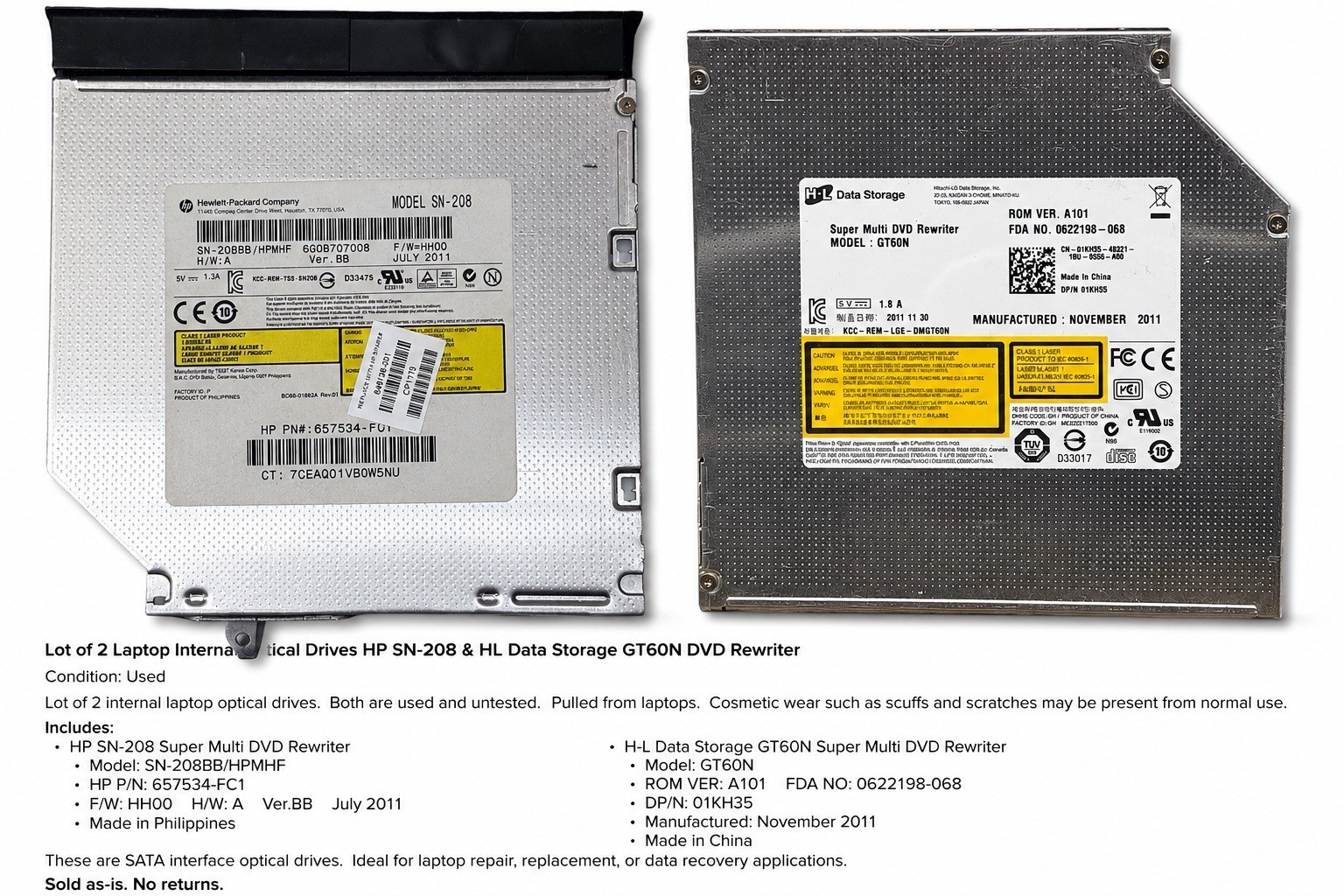 Lot of 2 Laptop DVD Drives HP SN-208 HL GT60N Super Multi DVD Rewriter SATA