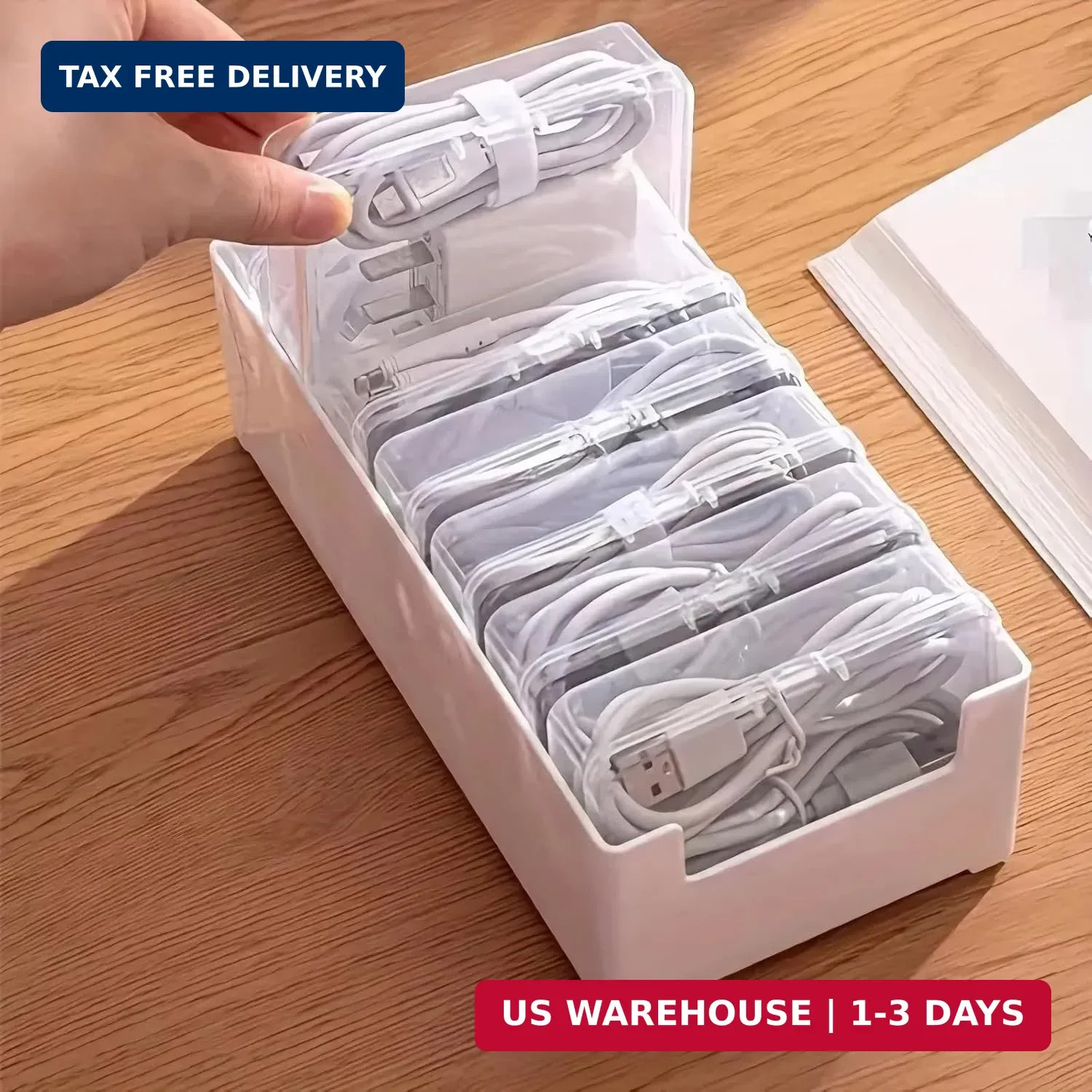 Cable Organizer Storage Box with 7 Wire Ties,Desktop Cable Management Box with S