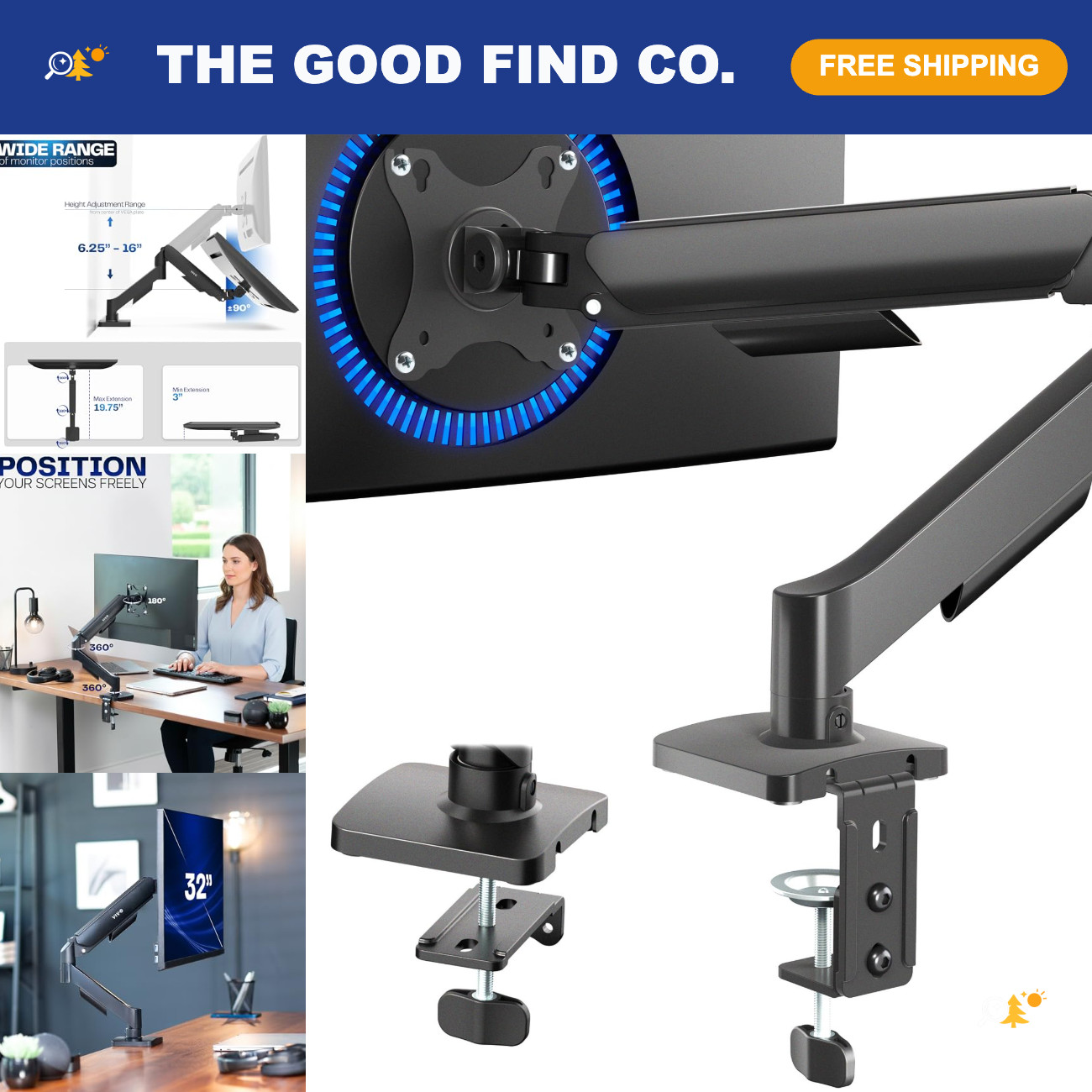 Fully Adjustable Single Monitor Stand for 17-32" Screens, Desk Mount, VESA Compa