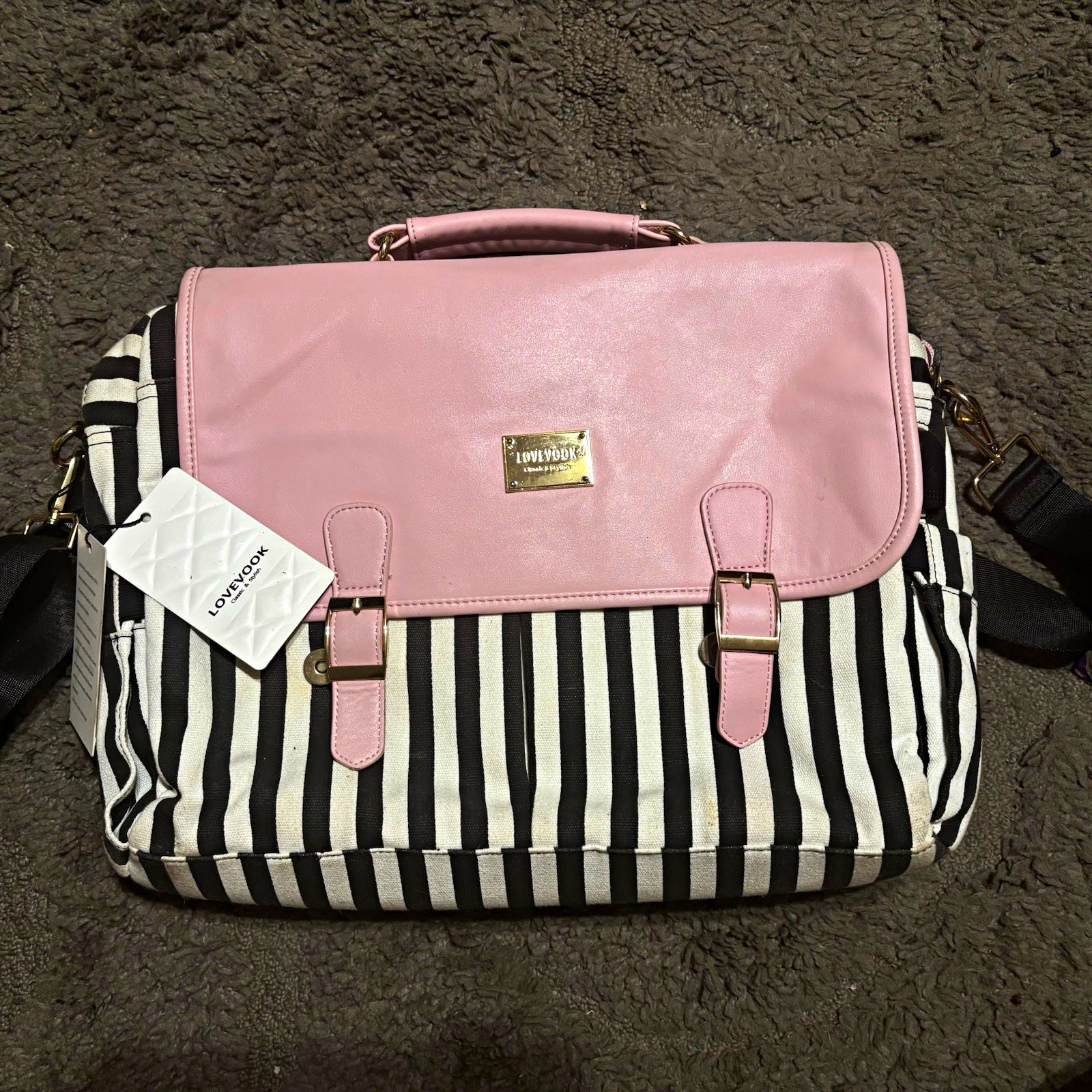 LoveVook Pink Black White Striped Laptop Shoulder Messenger Bag