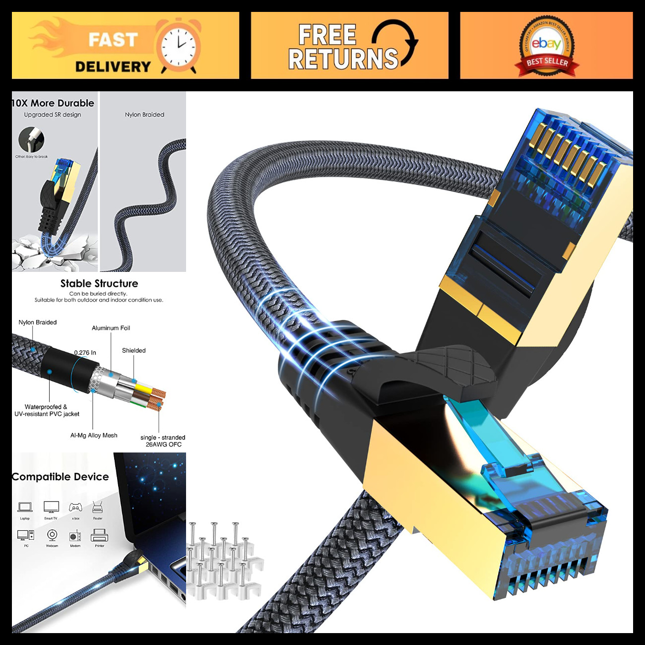150ft Cat 8 Ethernet Cable, Heavy Duty 40Gbps, Indoor/Outdoor, Nylon Braided, S/