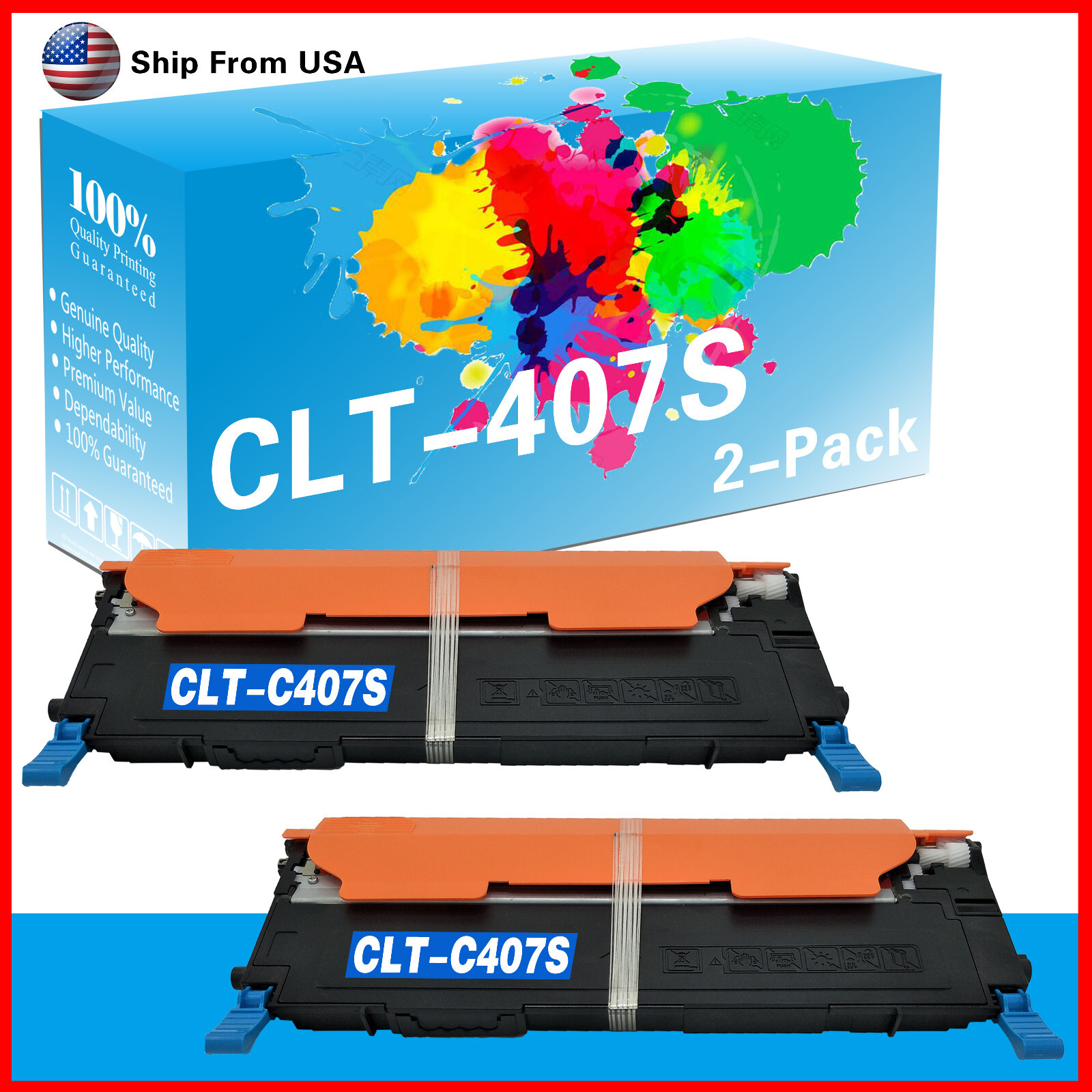 2PK Cyan CLT-C407S CLT407S Toner Cartridge CLP325 for CLP-320 CLX-3185