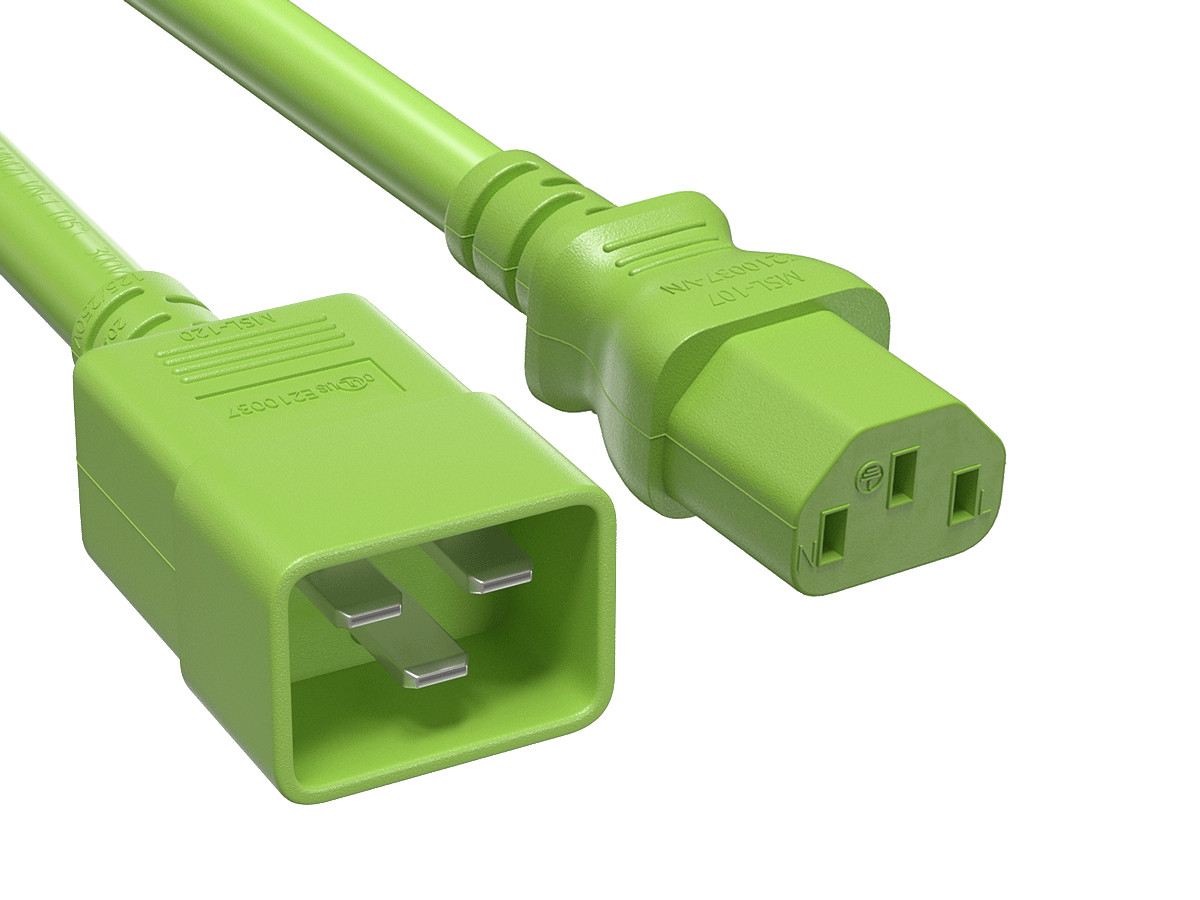4ft IEC320 C20 to C13 Power Cord, 14AWG, 15A/250V, SJT, Green