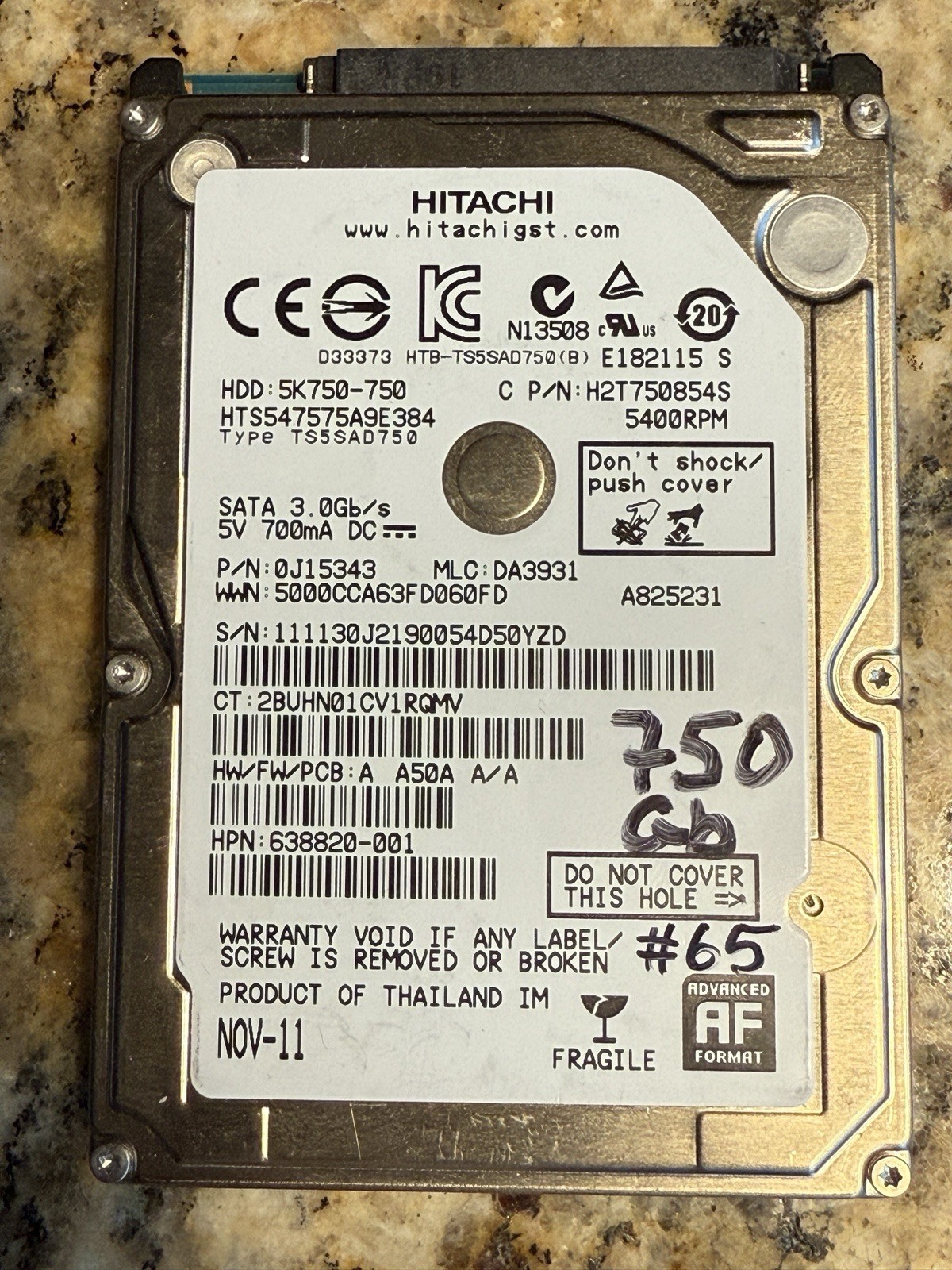 TESTED Hitachi Travelstar 5K750 internal HDD 750GB Model  HTS547575A9E384 #65