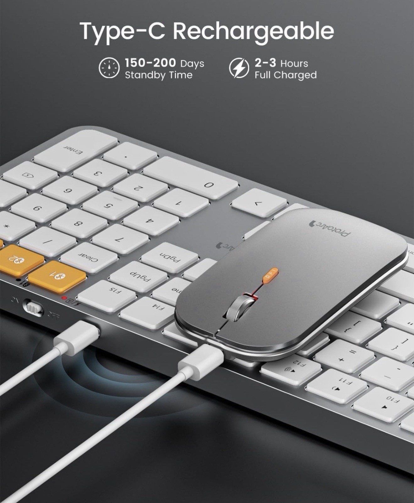 ProtoArc KM100-A Backlit Bluetooth Keyboard & Mouse, White/Silver