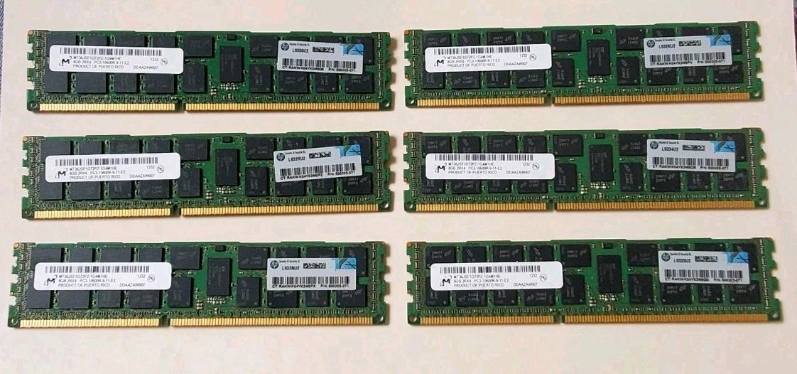 Lot of 6 Micron MT36JSF1G72PZ-1G4M1HE (8GBx6) 48GB Total PC3-10600R DDR3 ECC Reg
