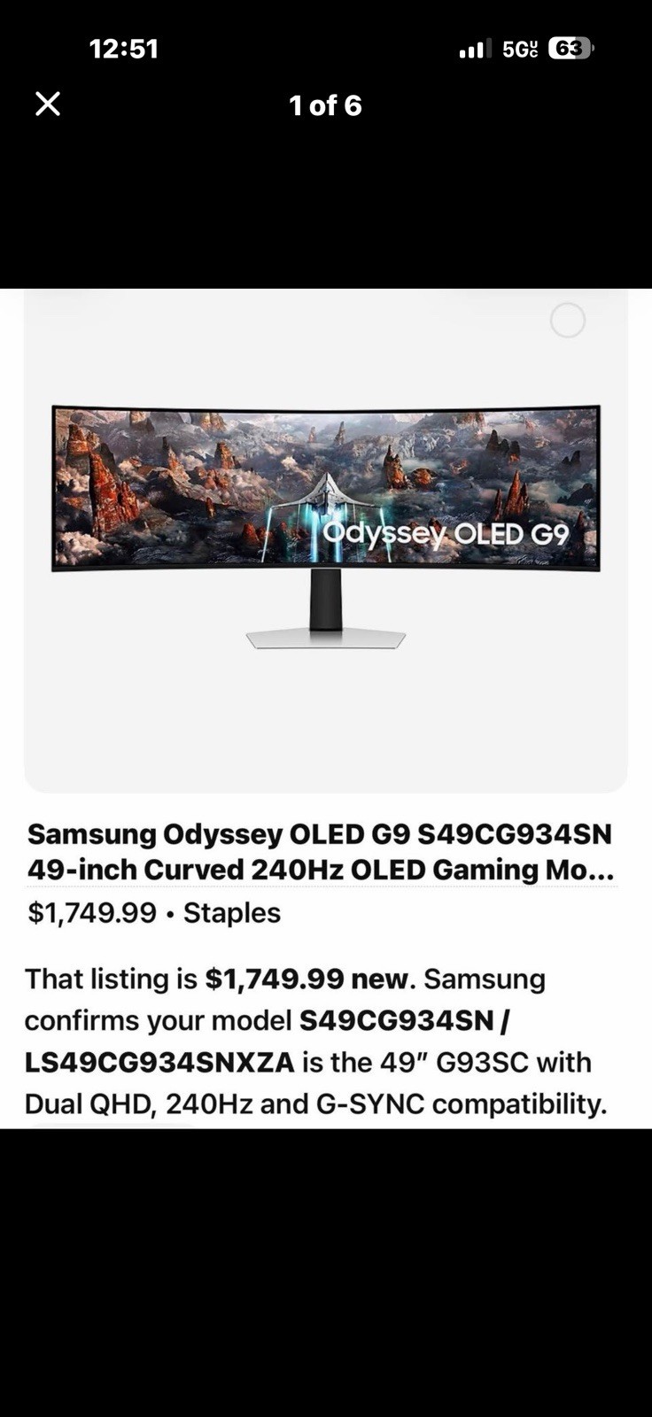 Samsung Odyssey OLED G9 S49CG934SN 49-inch Curved 240Hz OLED Gaming Mo...NEW